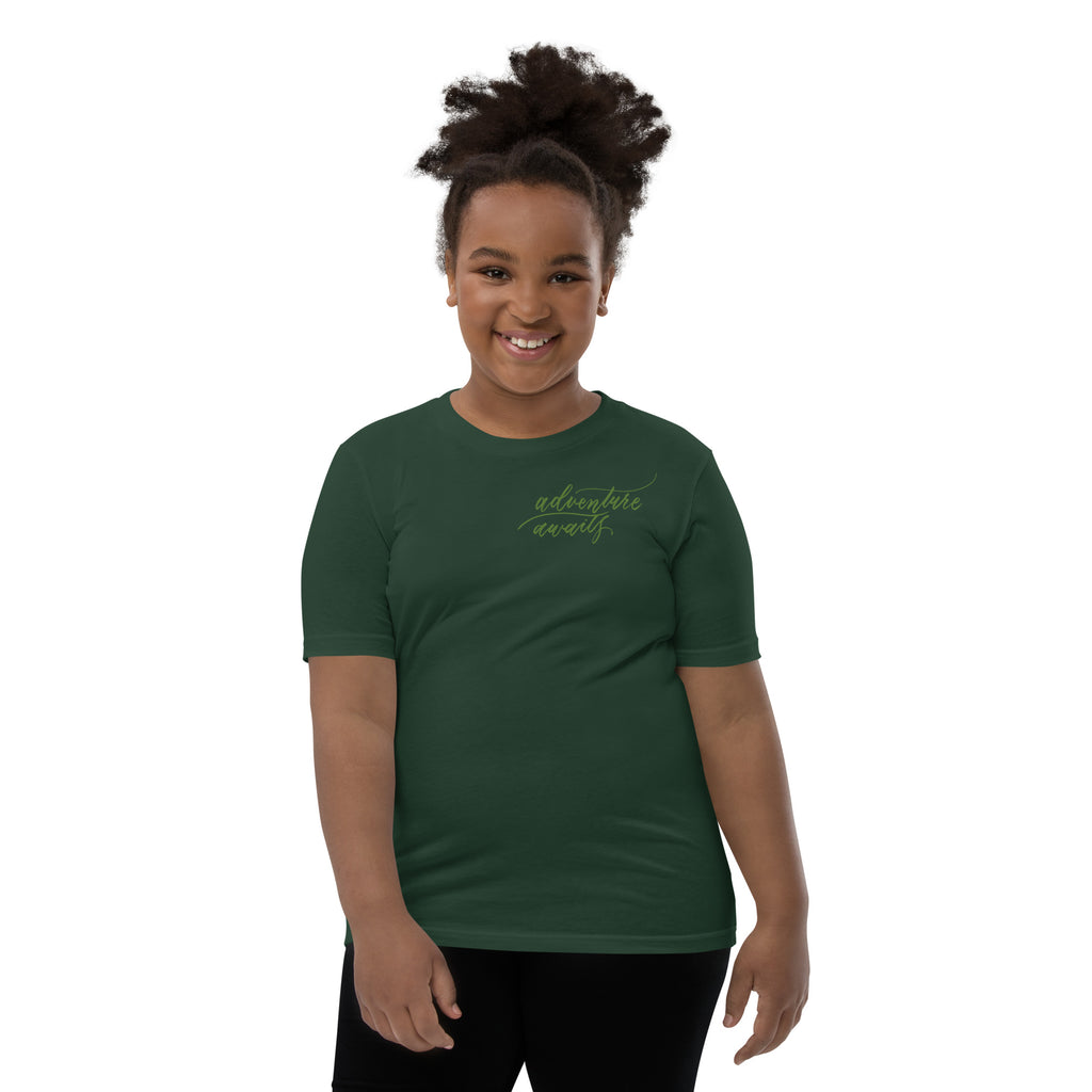 YOUTH SIZES - Script "Adventure Awaits" Green Calligraphy Printed Kids Short Sleeve T-Shirt