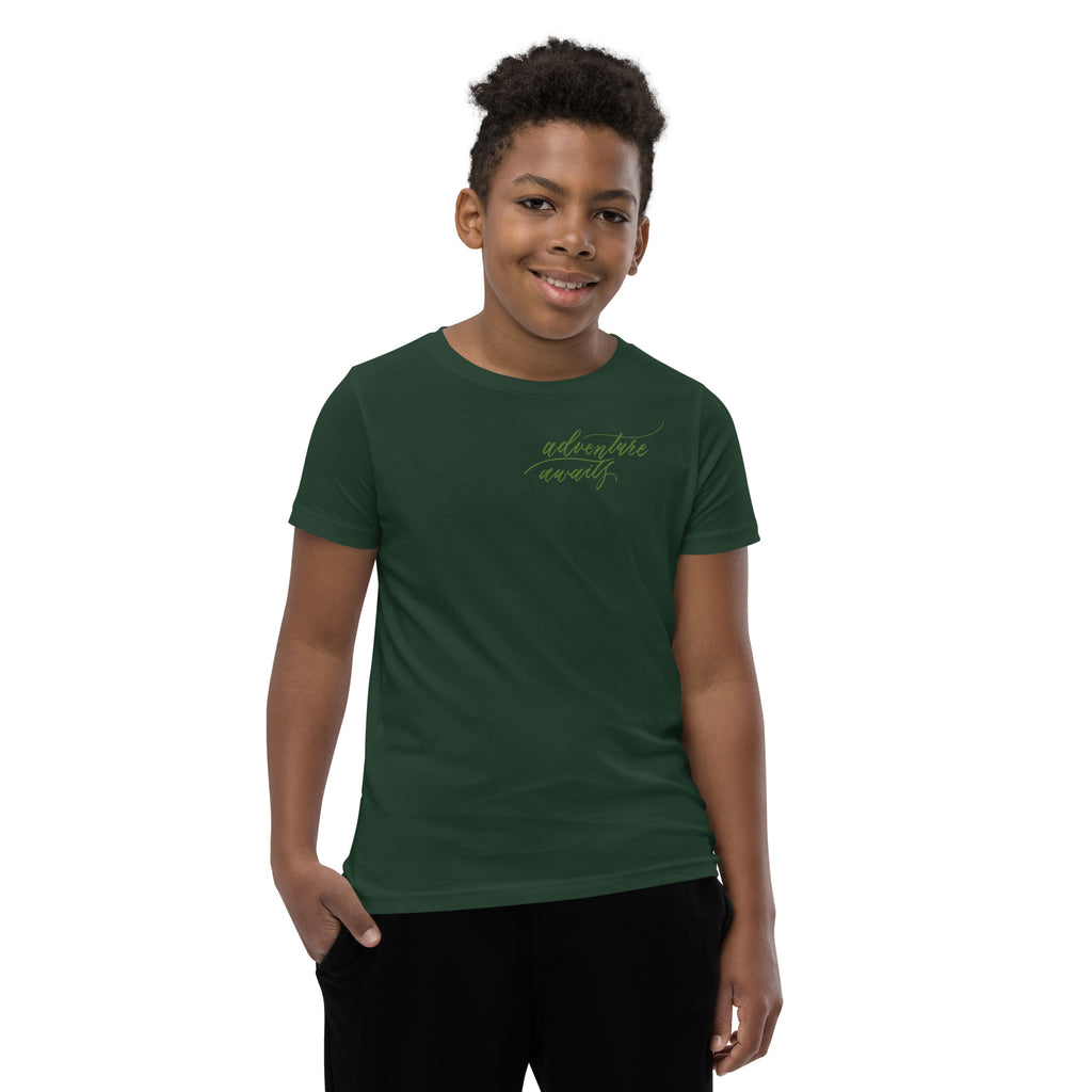 YOUTH SIZES - Script "Adventure Awaits" Green Calligraphy Printed Kids Short Sleeve T-Shirt