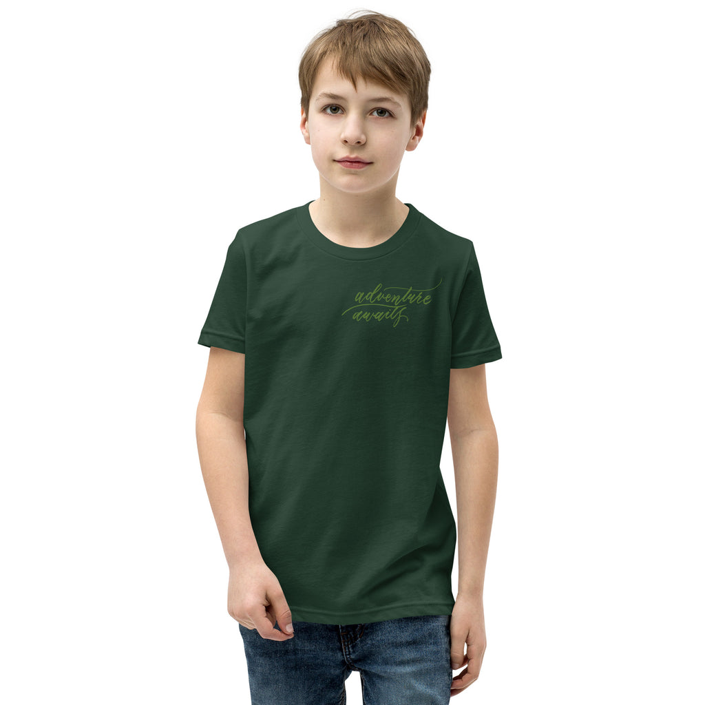 YOUTH SIZES - Script "Adventure Awaits" Green Calligraphy Printed Kids Short Sleeve T-Shirt