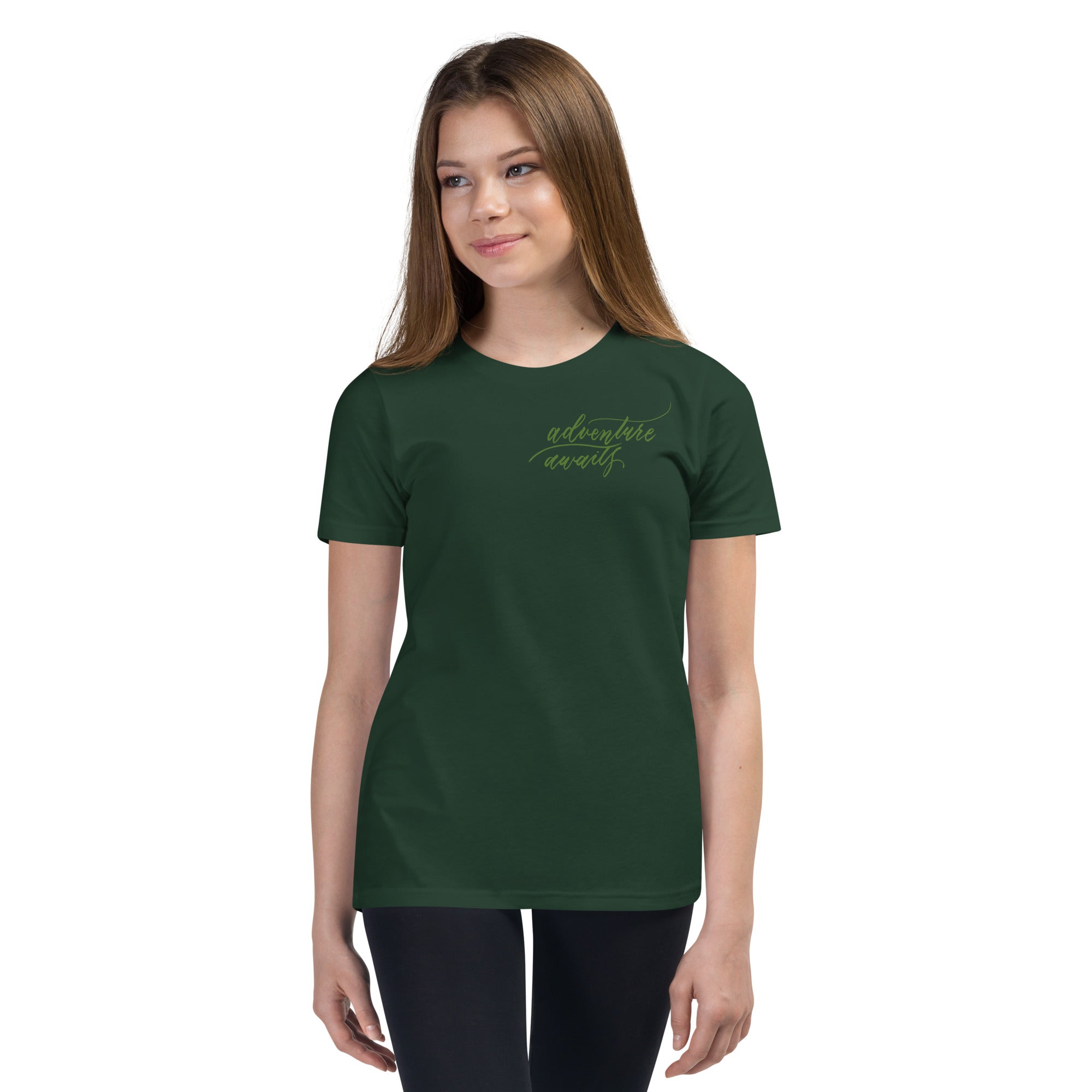 YOUTH SIZES - Script "Adventure Awaits" Green Calligraphy Printed Kids Short Sleeve T-Shirt