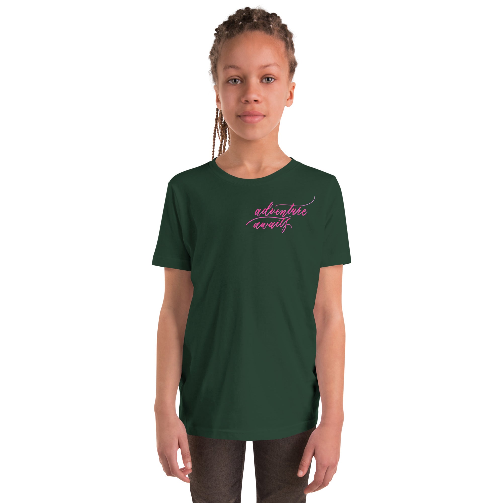 YOUTH SIZES - Script "Adventure Awaits" Pink Calligraphy Printed Kids Short Sleeve T-Shirt