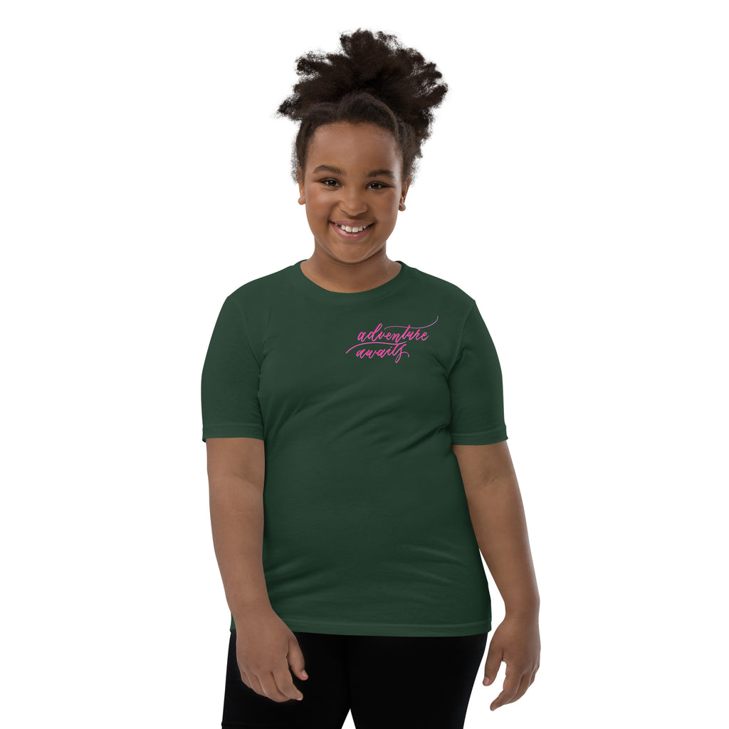 YOUTH SIZES - Script "Adventure Awaits" Pink Calligraphy Printed Kids Short Sleeve T-Shirt