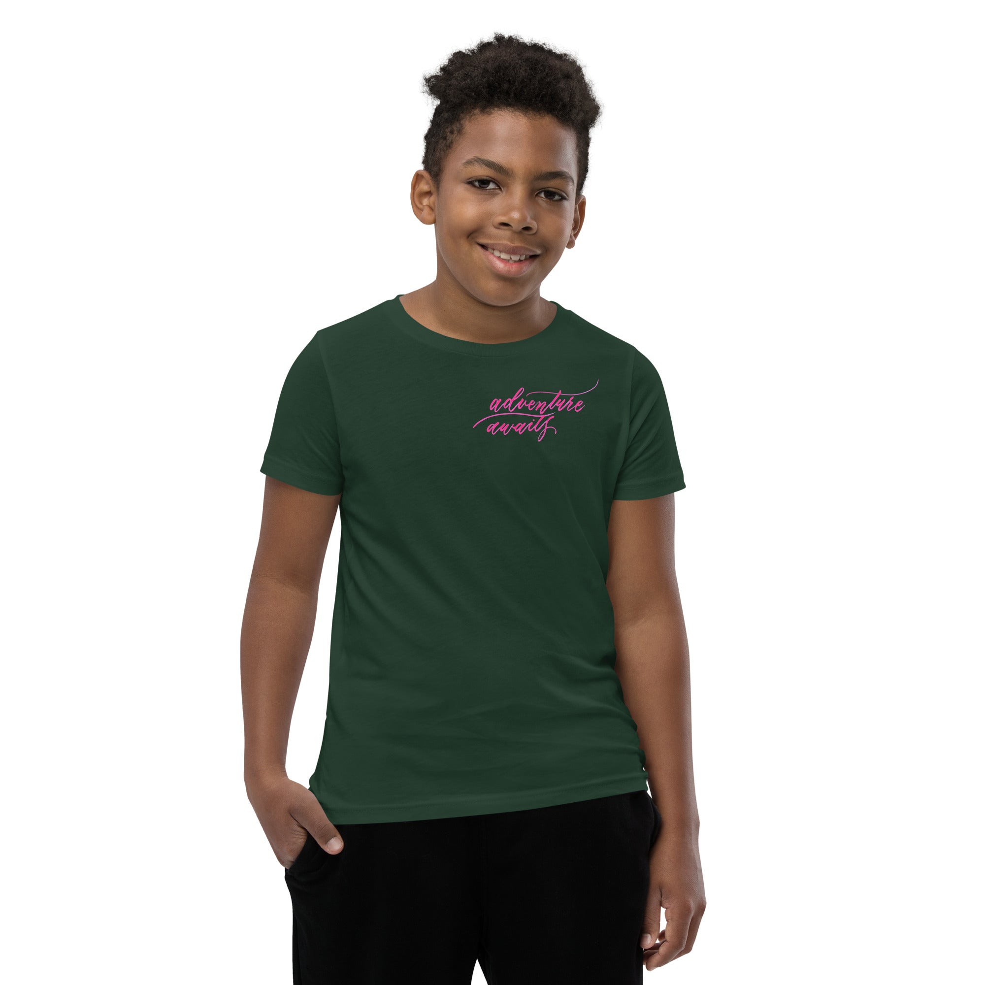 YOUTH SIZES - Script "Adventure Awaits" Pink Calligraphy Printed Kids Short Sleeve T-Shirt