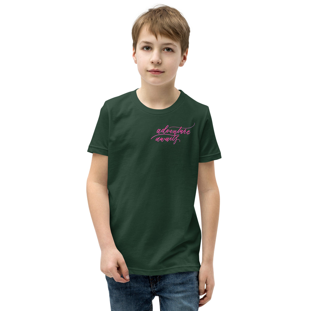 YOUTH SIZES - Script "Adventure Awaits" Pink Calligraphy Printed Kids Short Sleeve T-Shirt