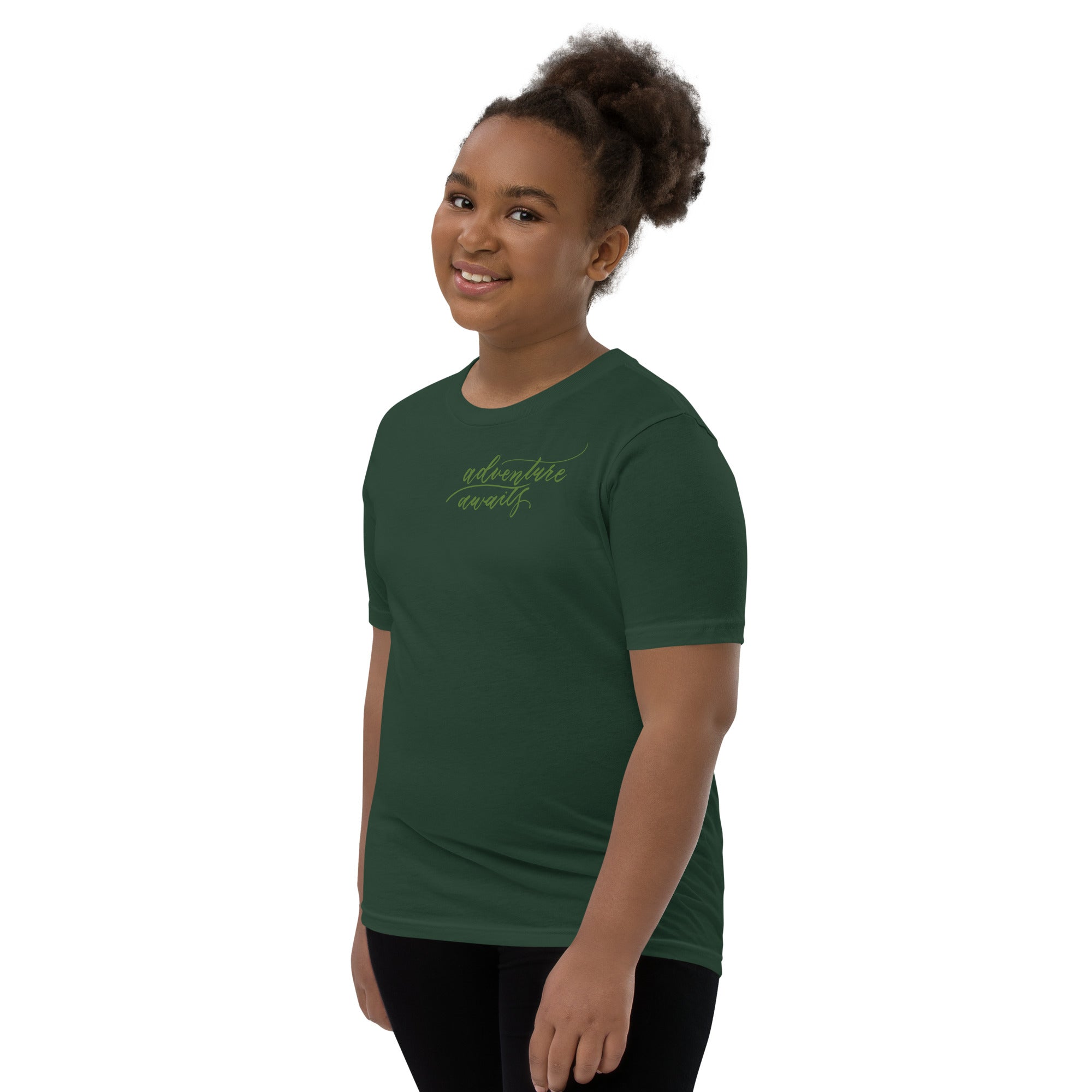 YOUTH SIZES - Script "Adventure Awaits" Green Calligraphy Printed Kids Short Sleeve T-Shirt