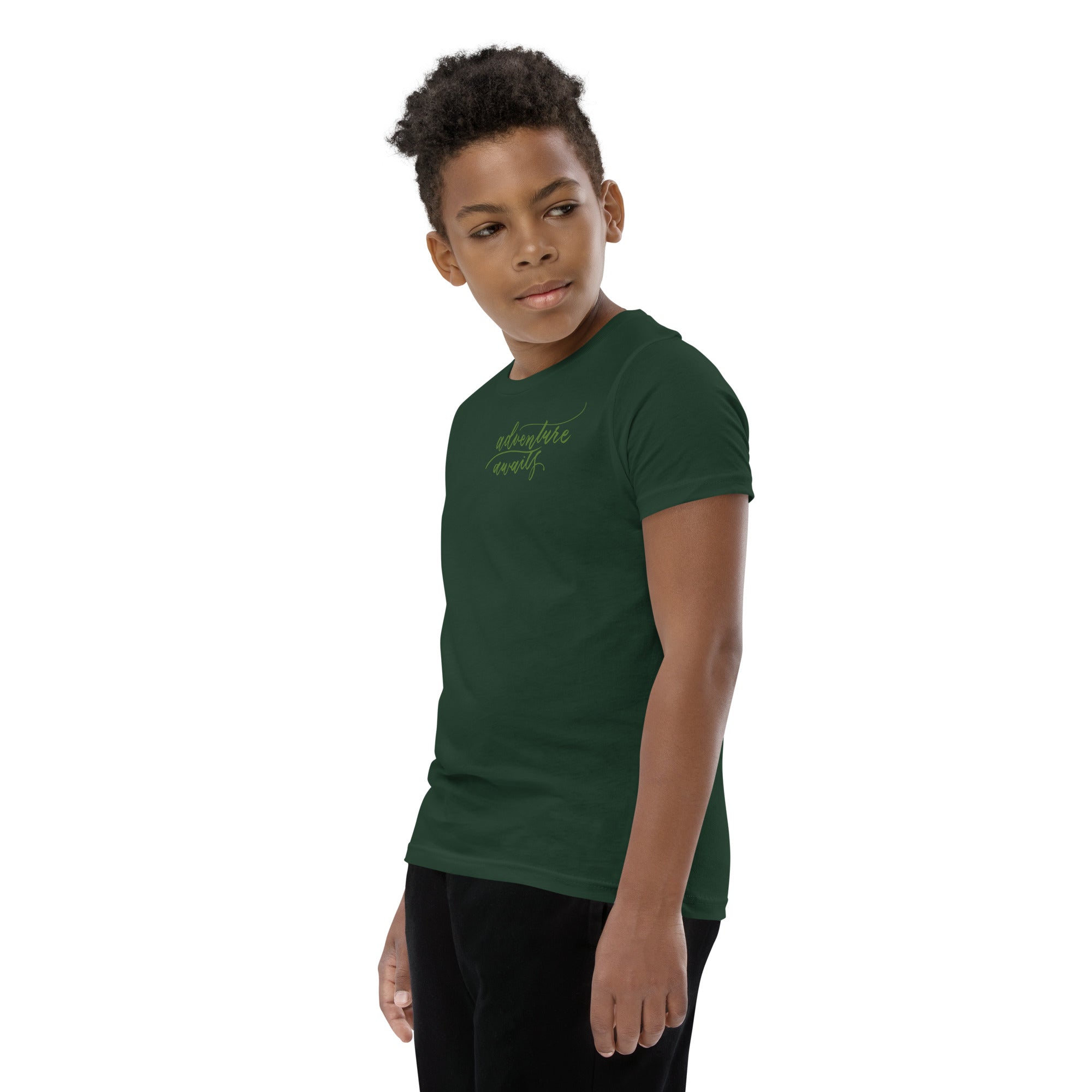 YOUTH SIZES - Script "Adventure Awaits" Green Calligraphy Printed Kids Short Sleeve T-Shirt