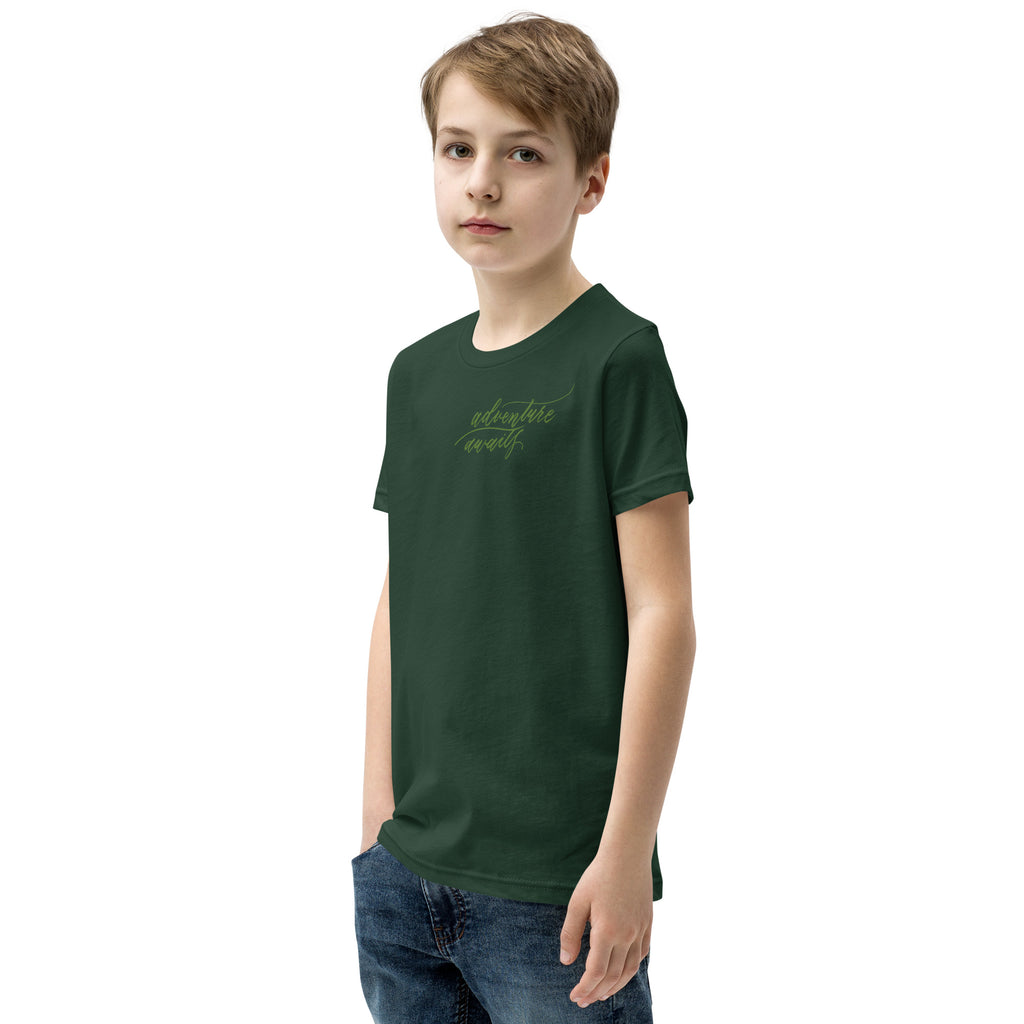 YOUTH SIZES - Script "Adventure Awaits" Green Calligraphy Printed Kids Short Sleeve T-Shirt