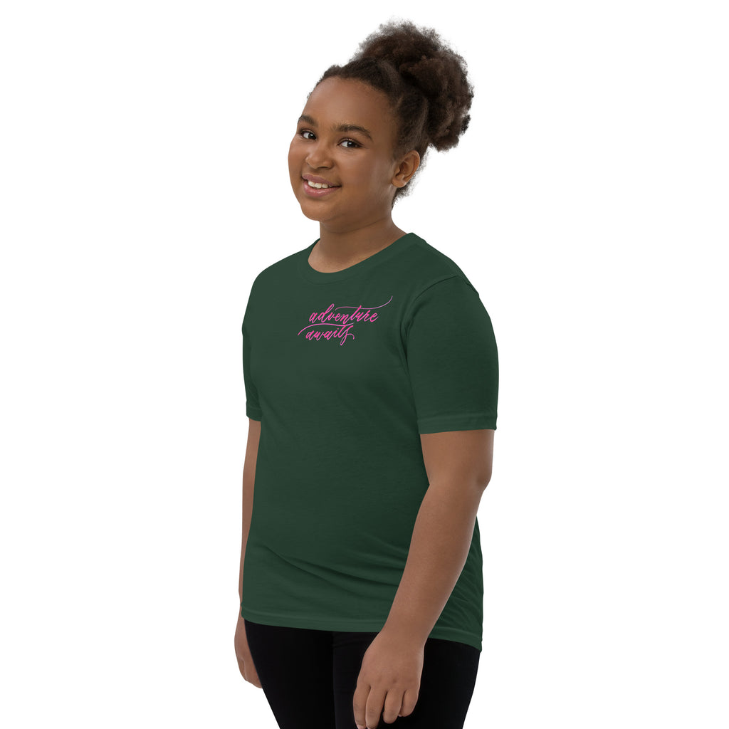 YOUTH SIZES - Script "Adventure Awaits" Pink Calligraphy Printed Kids Short Sleeve T-Shirt