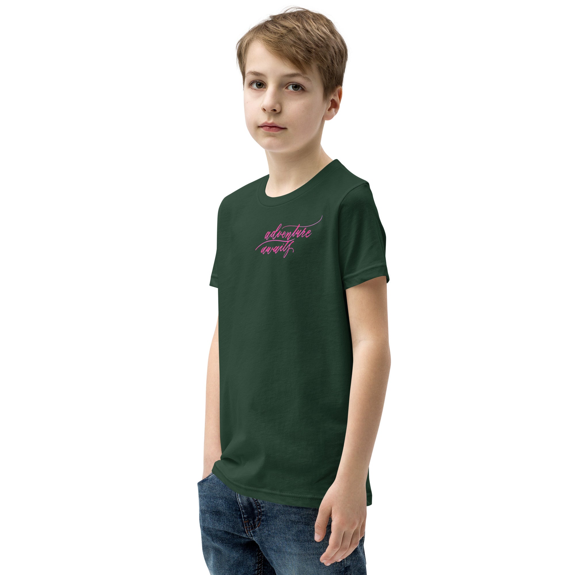 YOUTH SIZES - Script "Adventure Awaits" Pink Calligraphy Printed Kids Short Sleeve T-Shirt