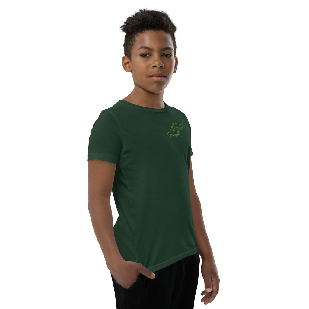 YOUTH SIZES - Script "Adventure Awaits" Green Calligraphy Printed Kids Short Sleeve T-Shirt