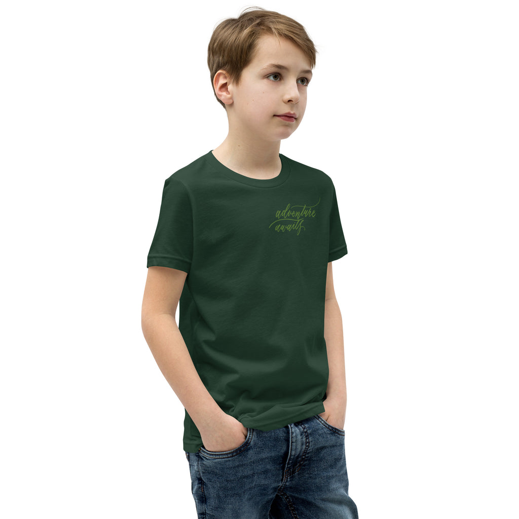 YOUTH SIZES - Script "Adventure Awaits" Green Calligraphy Printed Kids Short Sleeve T-Shirt