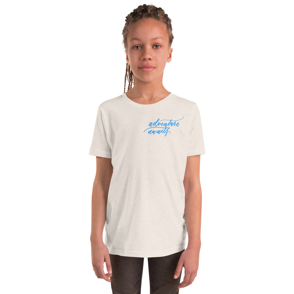 YOUTH SIZES - Script "Adventure Awaits" Bright Blue Calligraphy Printed Kids Short Sleeve T-Shirt