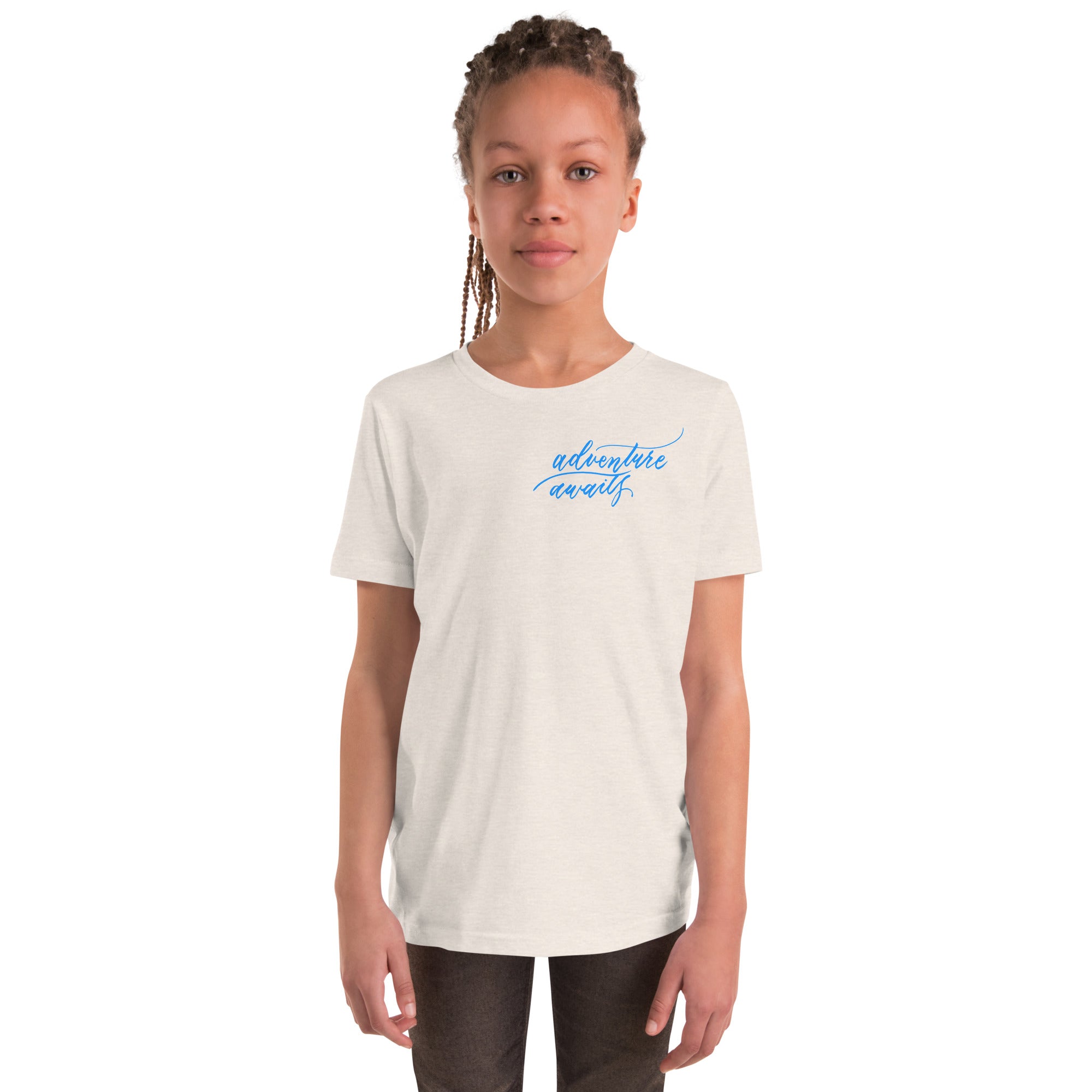 YOUTH SIZES - Script "Adventure Awaits" Bright Blue Calligraphy Printed Kids Short Sleeve T-Shirt