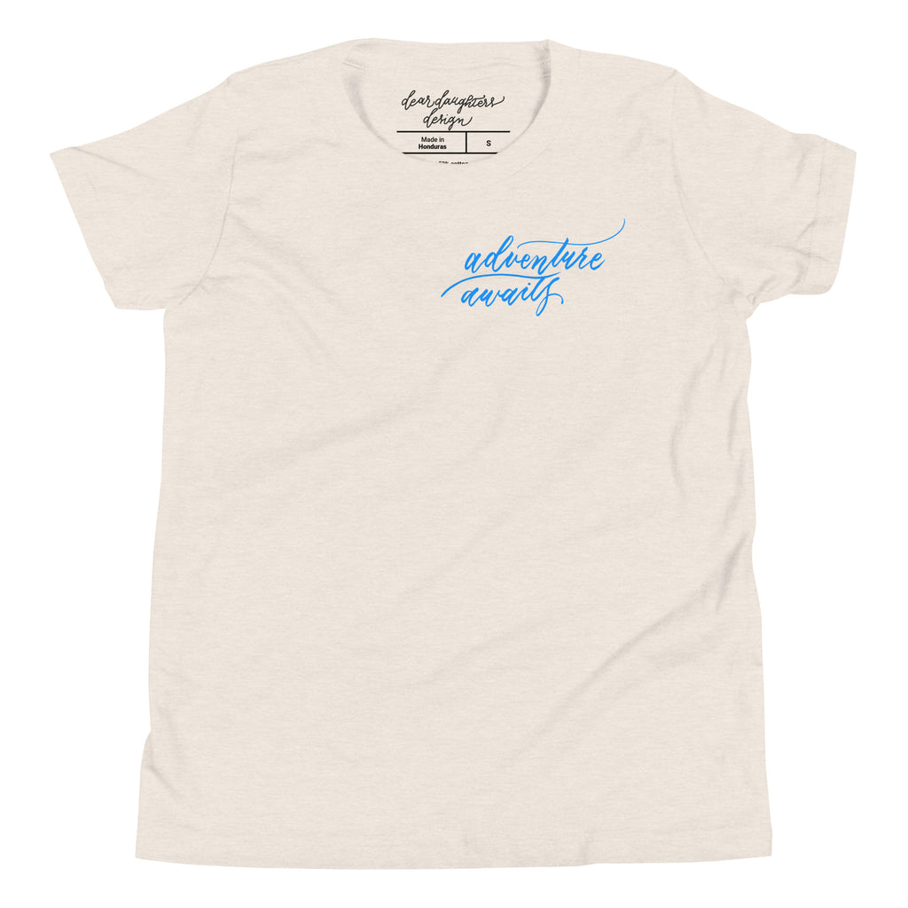 YOUTH SIZES - Script "Adventure Awaits" Bright Blue Calligraphy Printed Kids Short Sleeve T-Shirt