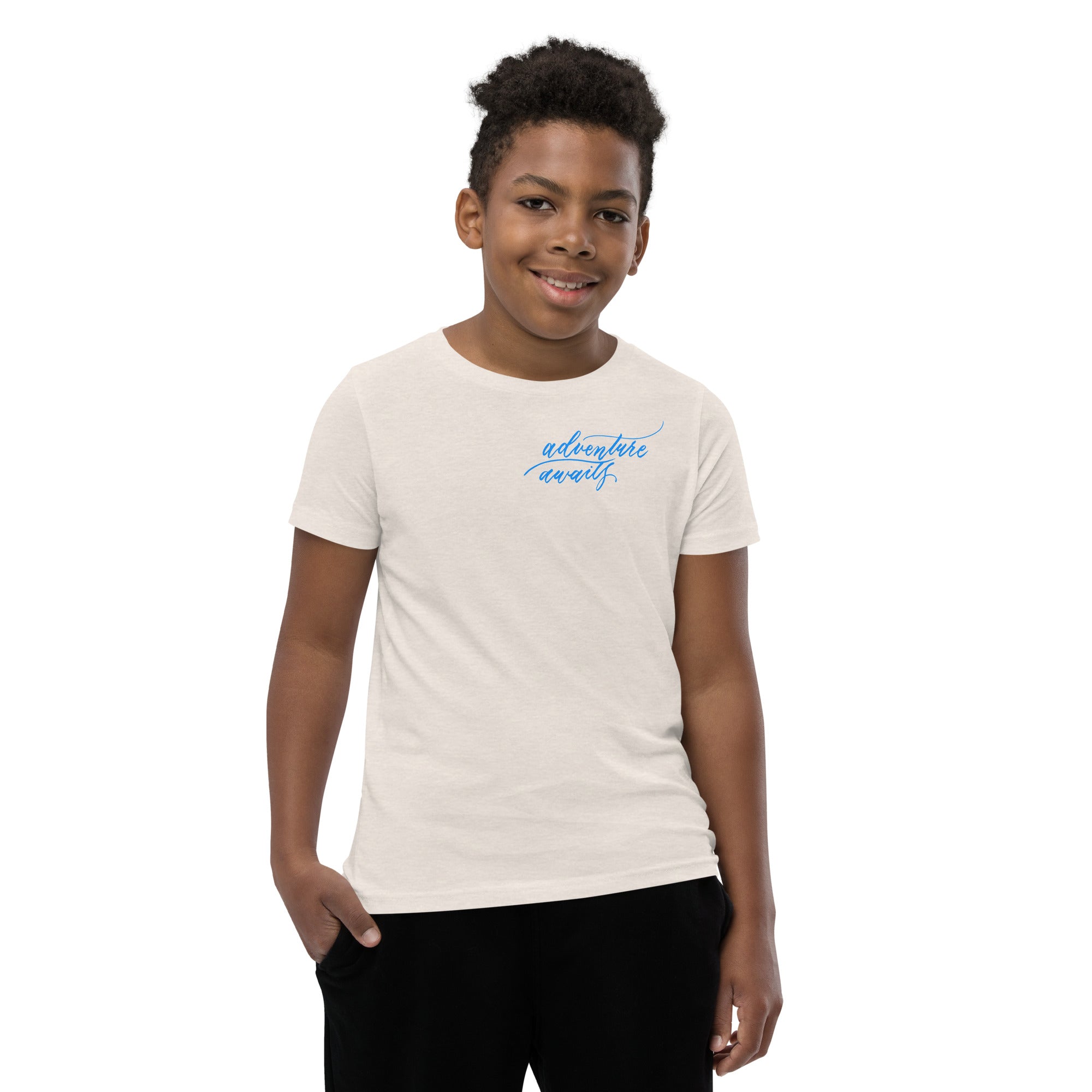 YOUTH SIZES - Script "Adventure Awaits" Bright Blue Calligraphy Printed Kids Short Sleeve T-Shirt