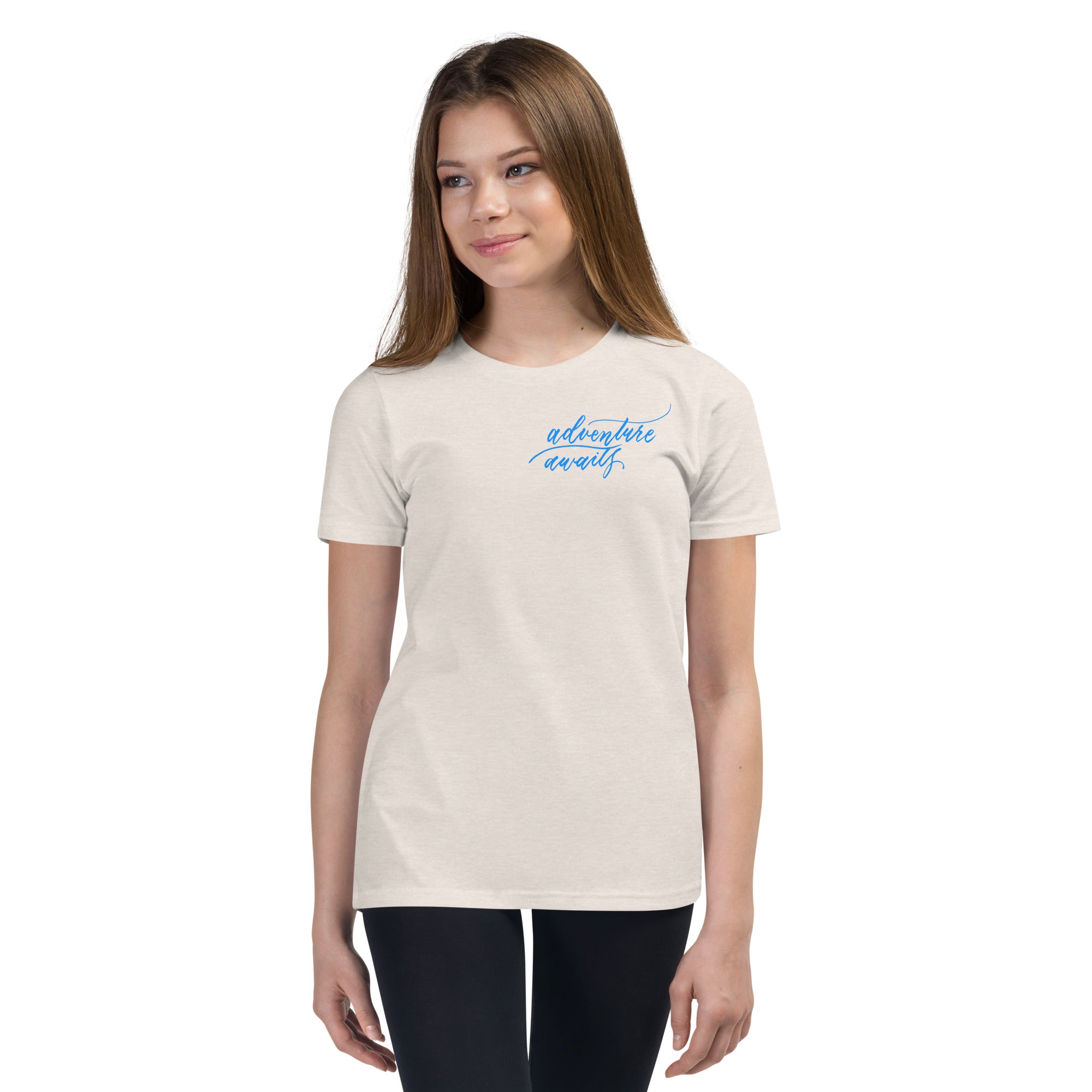 YOUTH SIZES - Script "Adventure Awaits" Bright Blue Calligraphy Printed Kids Short Sleeve T-Shirt