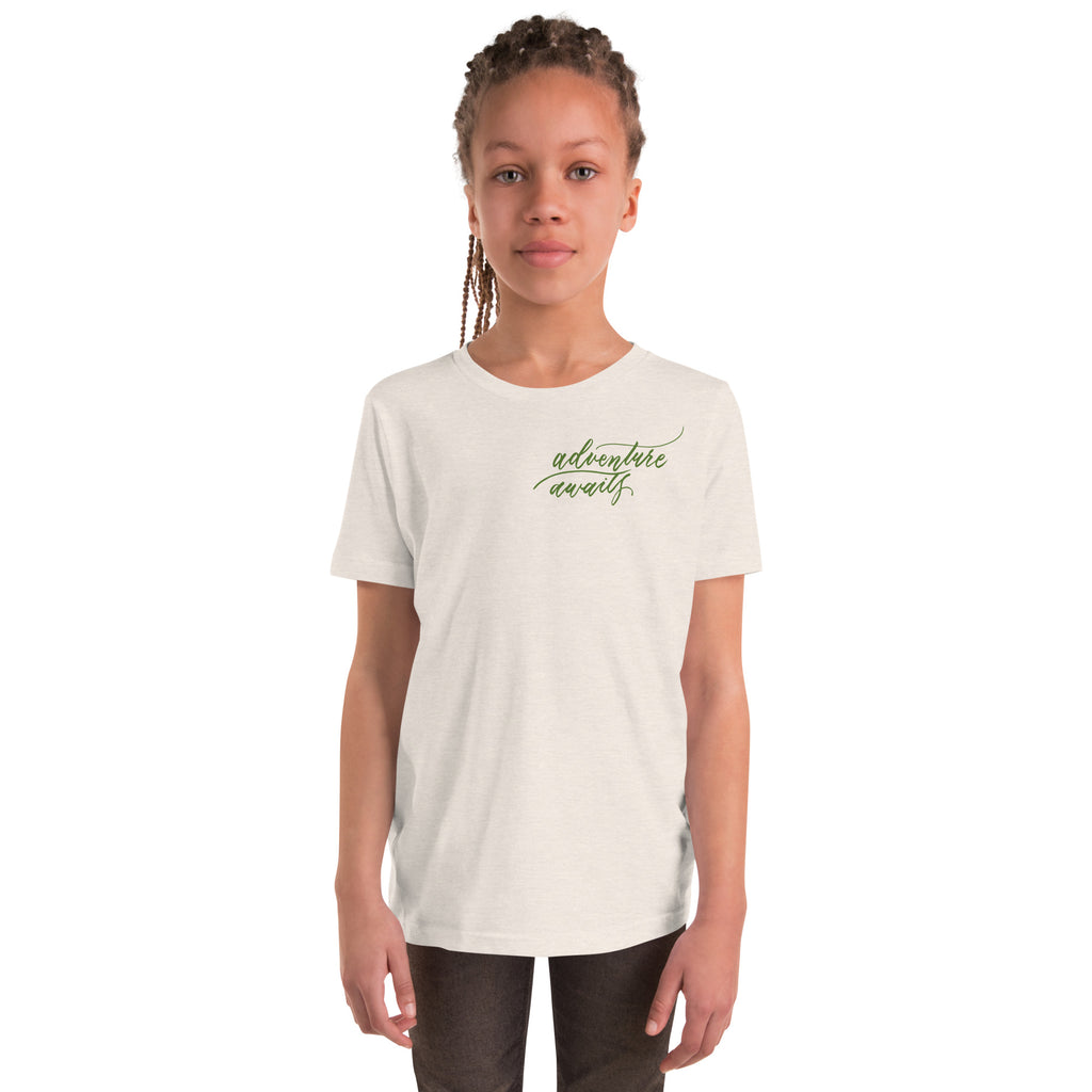 YOUTH SIZES - Script "Adventure Awaits" Green Calligraphy Printed Kids Short Sleeve T-Shirt