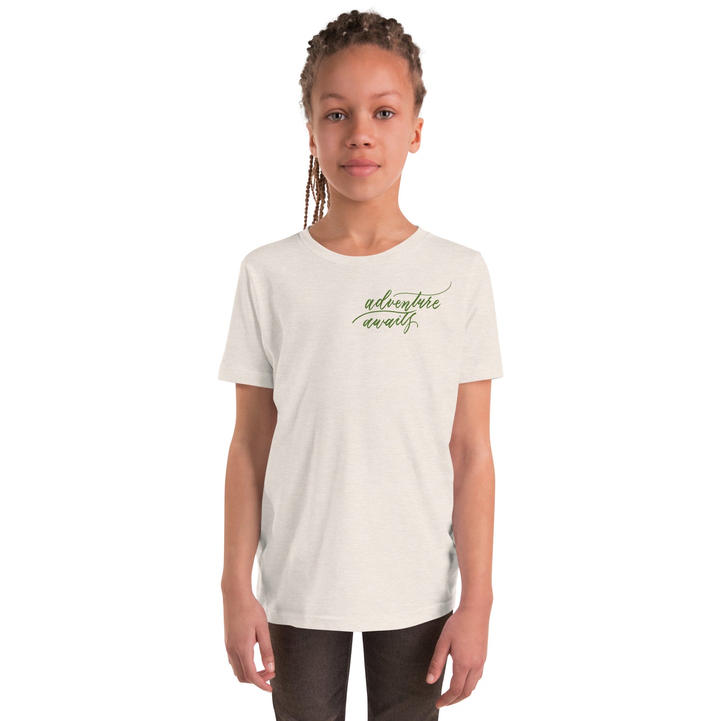 Script "Adventure Awaits" Green Calligraphy Printed Youth Short Sleeve T-Shirt