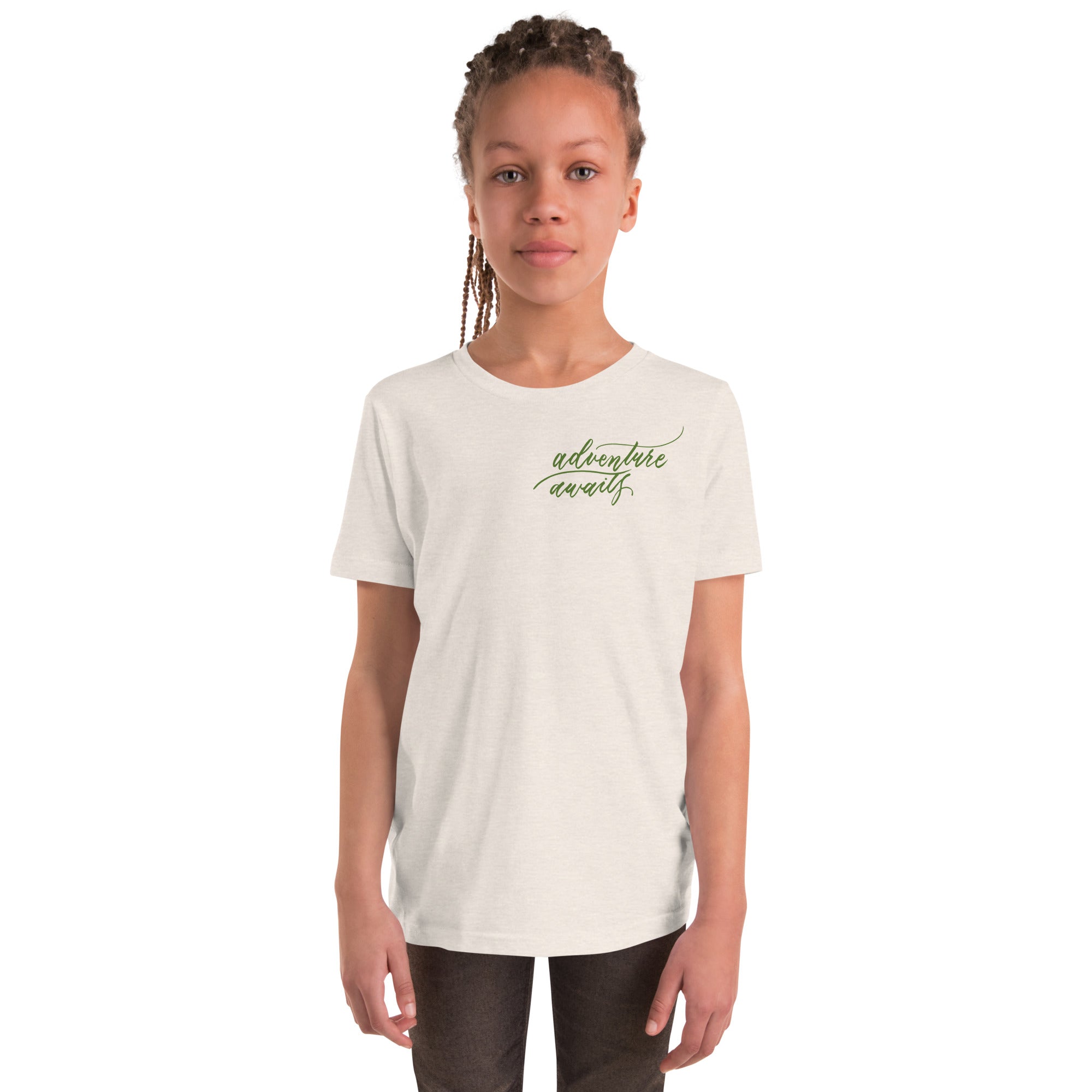 YOUTH SIZES - Script "Adventure Awaits" Green Calligraphy Printed Kids Short Sleeve T-Shirt