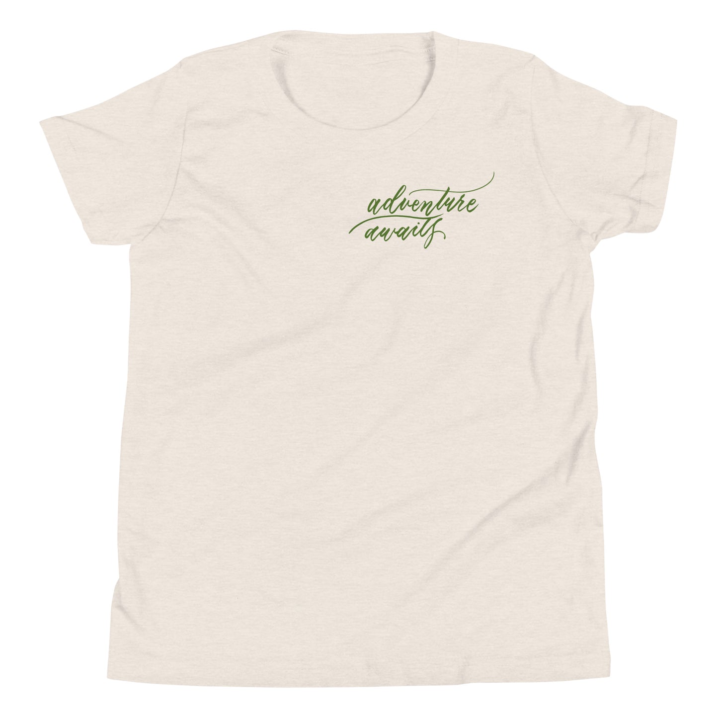 Script "Adventure Awaits" Green Calligraphy Printed Youth Short Sleeve T-Shirt