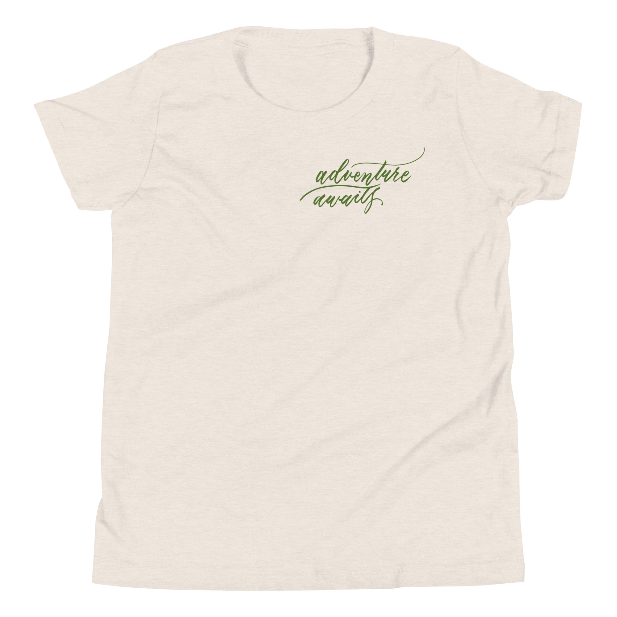 YOUTH SIZES - Script "Adventure Awaits" Green Calligraphy Printed Kids Short Sleeve T-Shirt