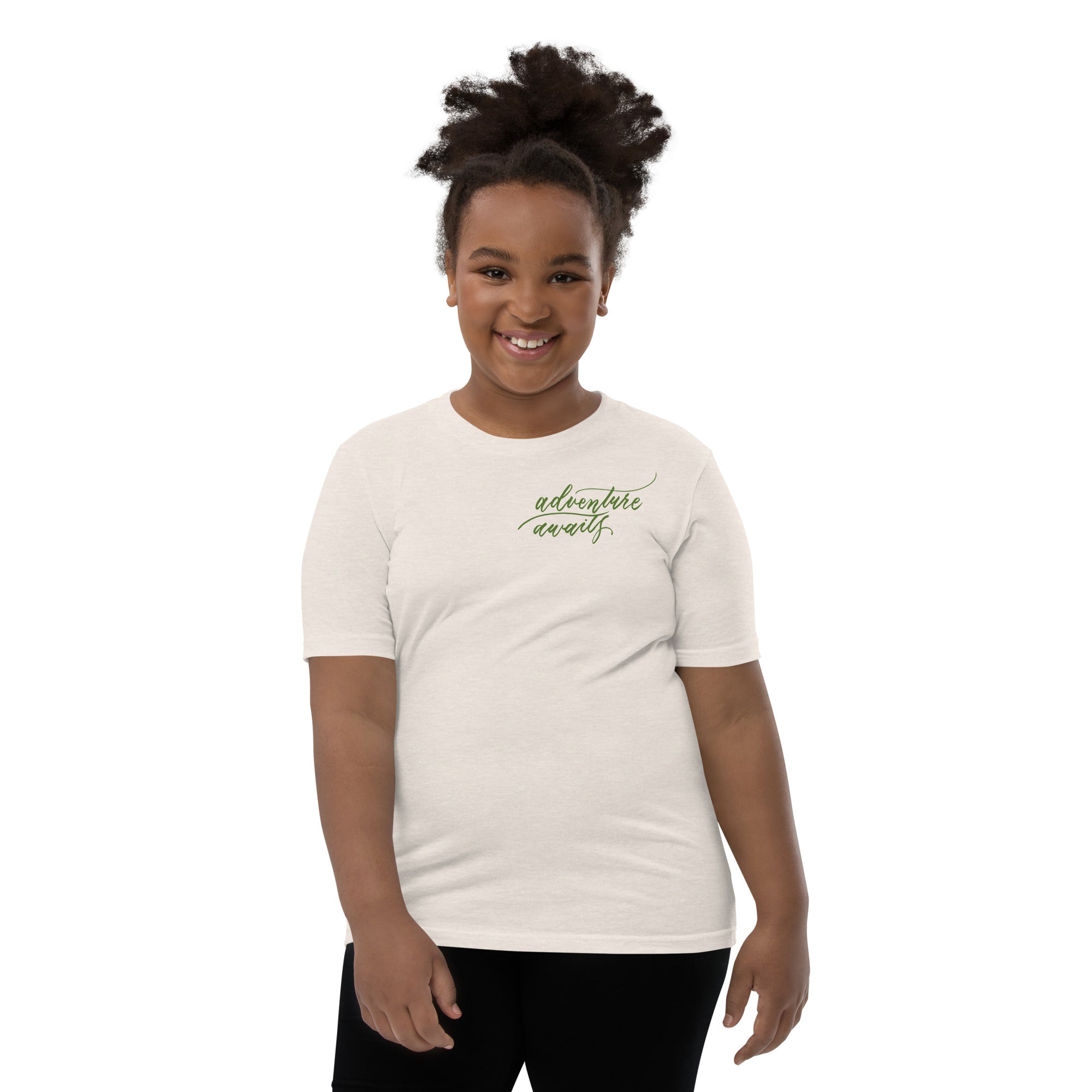 YOUTH SIZES - Script "Adventure Awaits" Green Calligraphy Printed Kids Short Sleeve T-Shirt
