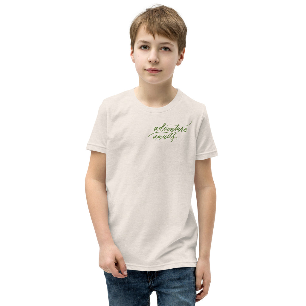 YOUTH SIZES - Script "Adventure Awaits" Green Calligraphy Printed Kids Short Sleeve T-Shirt