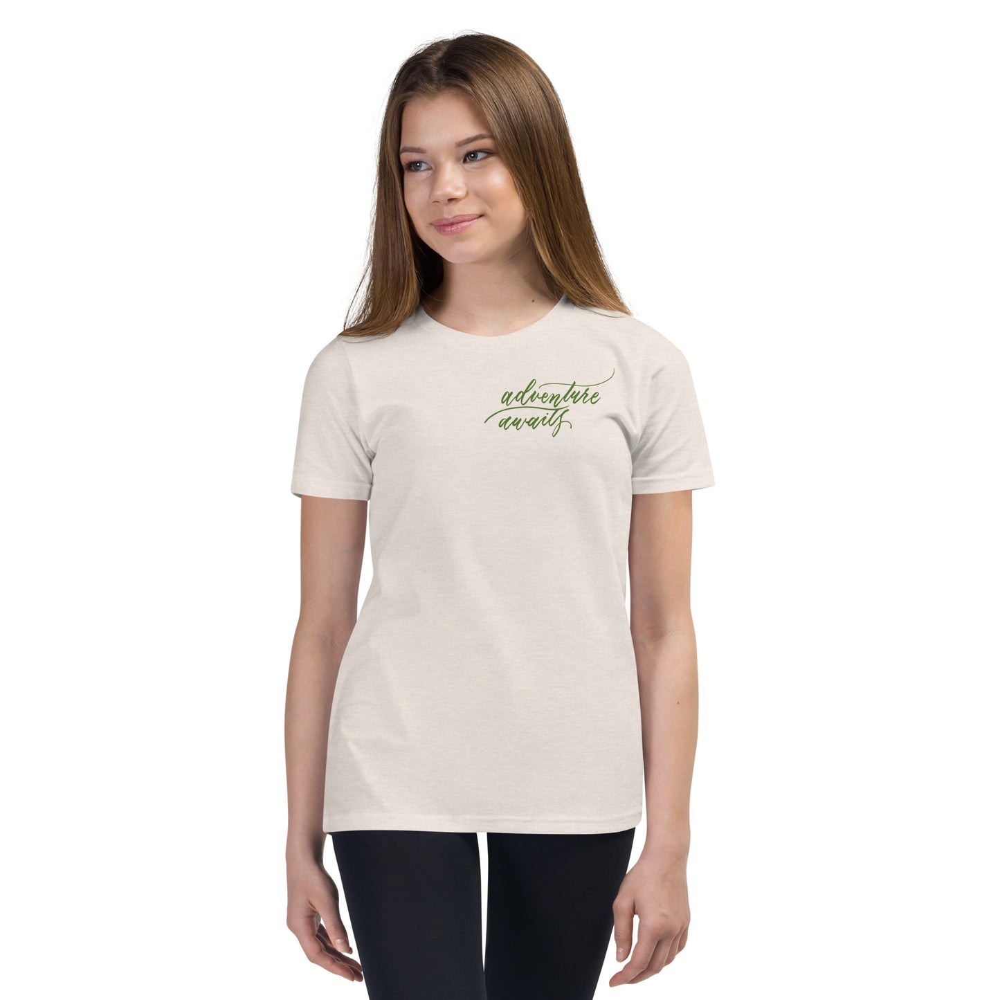 Script "Adventure Awaits" Green Calligraphy Printed Youth Short Sleeve T-Shirt