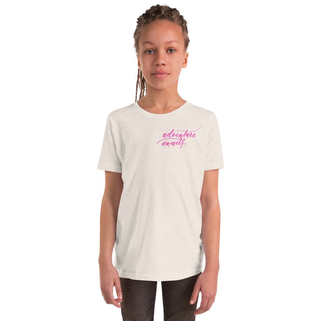 YOUTH SIZES - Script "Adventure Awaits" Pink Calligraphy Printed Kids Short Sleeve T-Shirt