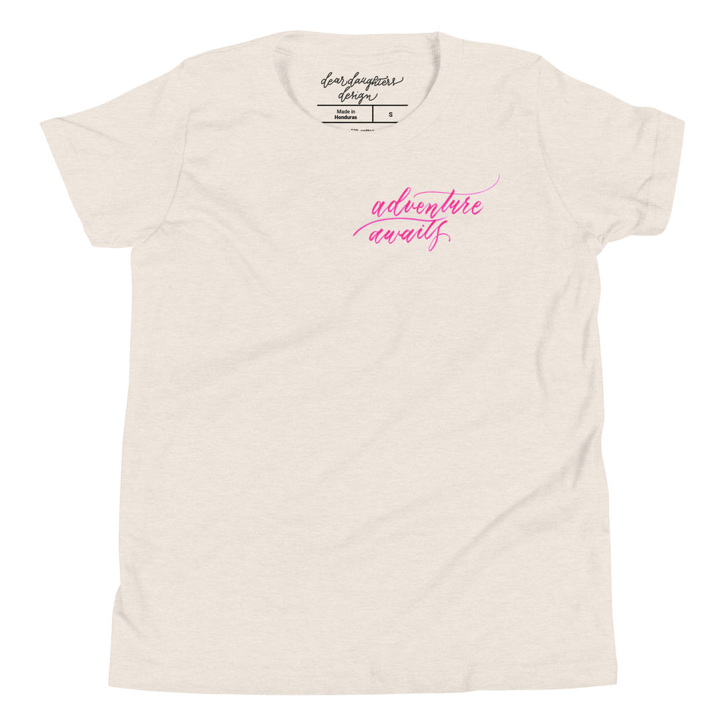 YOUTH SIZES - Script "Adventure Awaits" Pink Calligraphy Printed Kids Short Sleeve T-Shirt