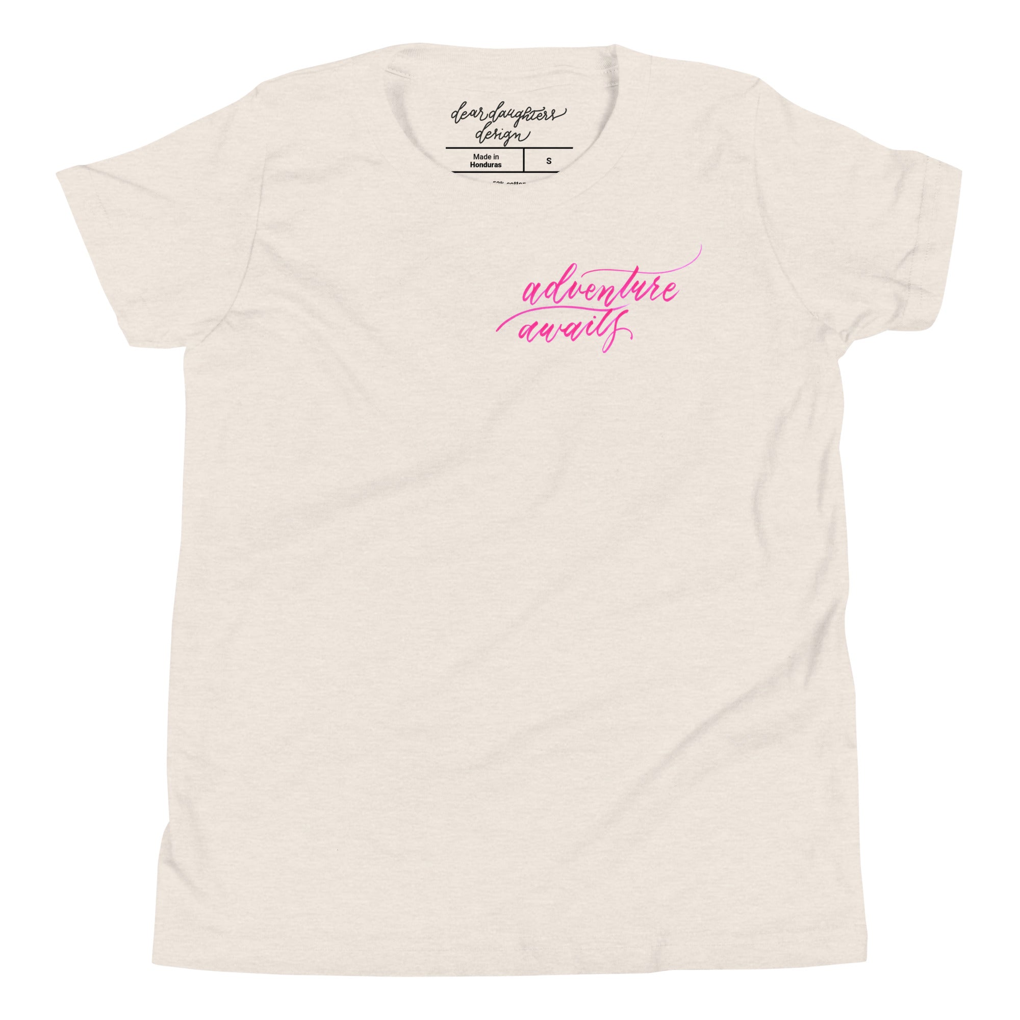 YOUTH SIZES - Script "Adventure Awaits" Pink Calligraphy Printed Kids Short Sleeve T-Shirt