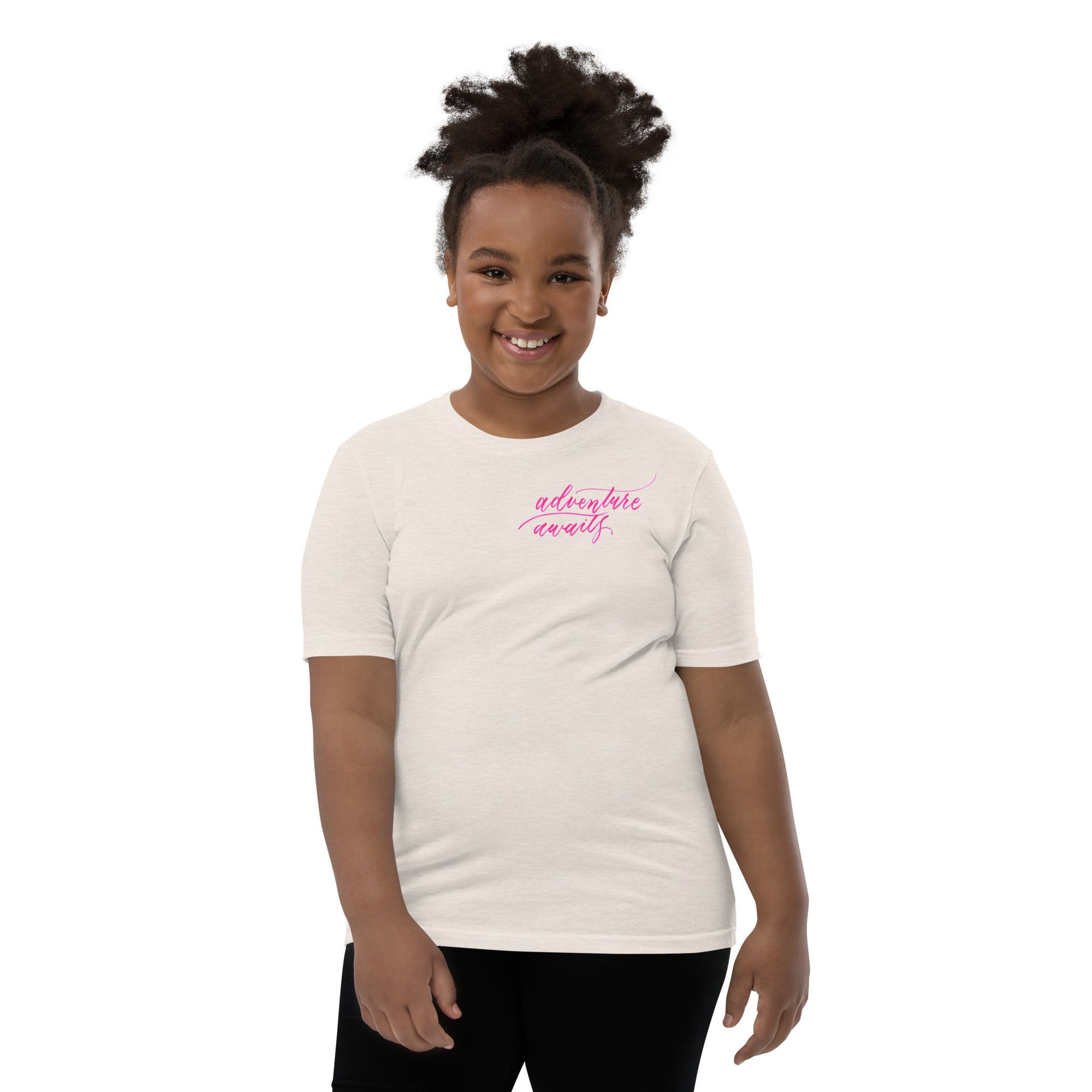 YOUTH SIZES - Script "Adventure Awaits" Pink Calligraphy Printed Kids Short Sleeve T-Shirt