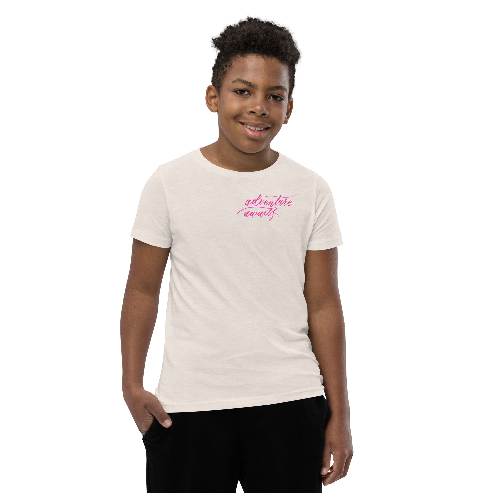 YOUTH SIZES - Script "Adventure Awaits" Pink Calligraphy Printed Kids Short Sleeve T-Shirt