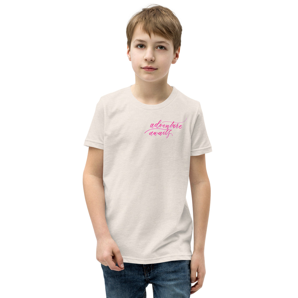 YOUTH SIZES - Script "Adventure Awaits" Pink Calligraphy Printed Kids Short Sleeve T-Shirt