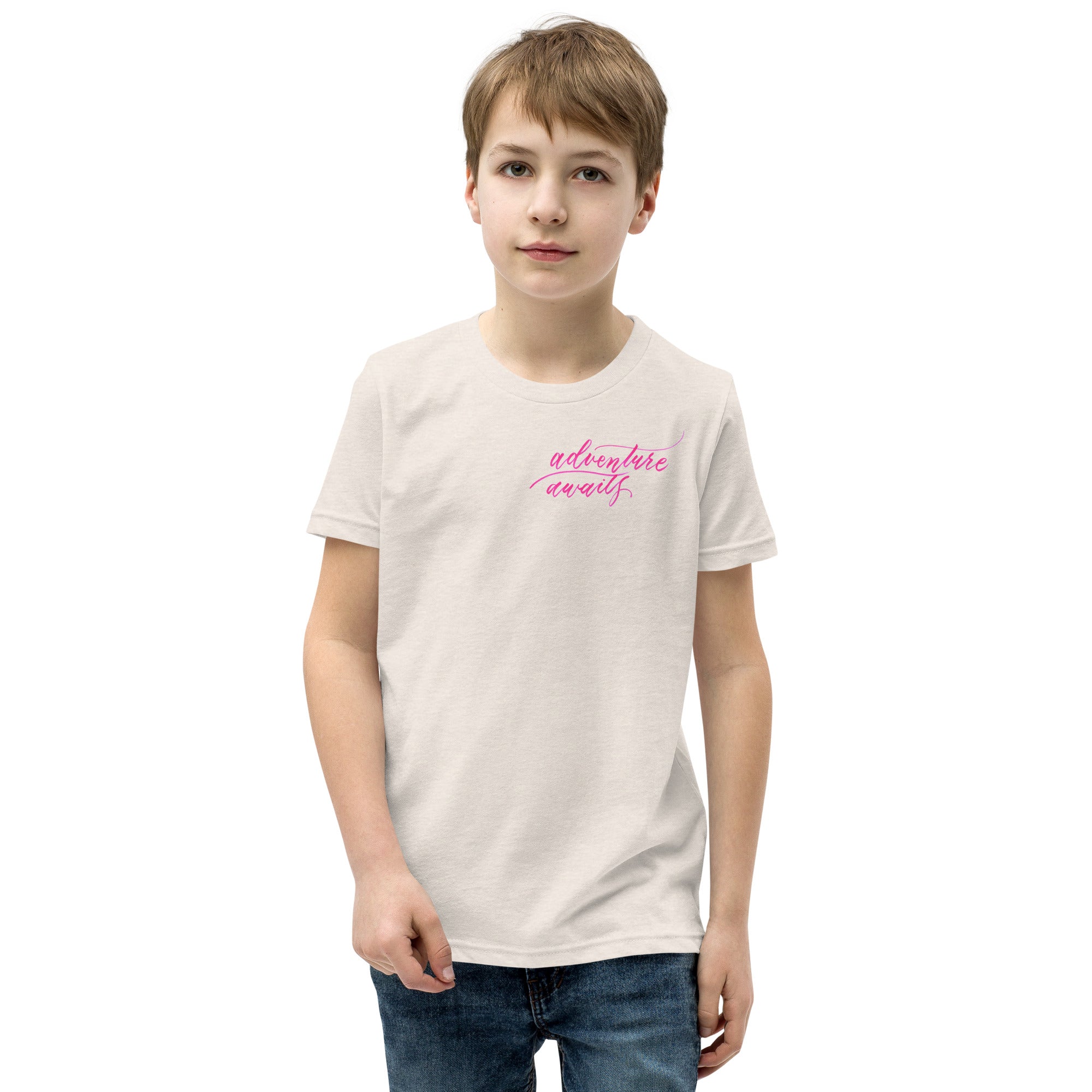 YOUTH SIZES - Script "Adventure Awaits" Pink Calligraphy Printed Kids Short Sleeve T-Shirt