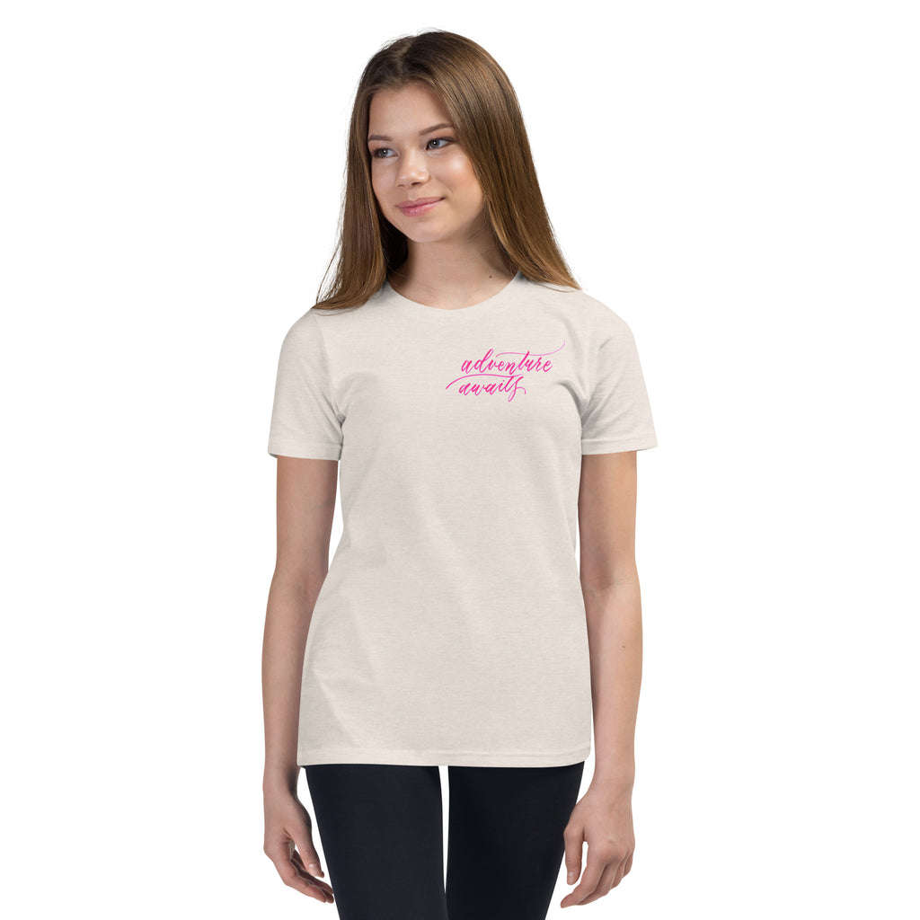YOUTH SIZES - Script "Adventure Awaits" Pink Calligraphy Printed Kids Short Sleeve T-Shirt