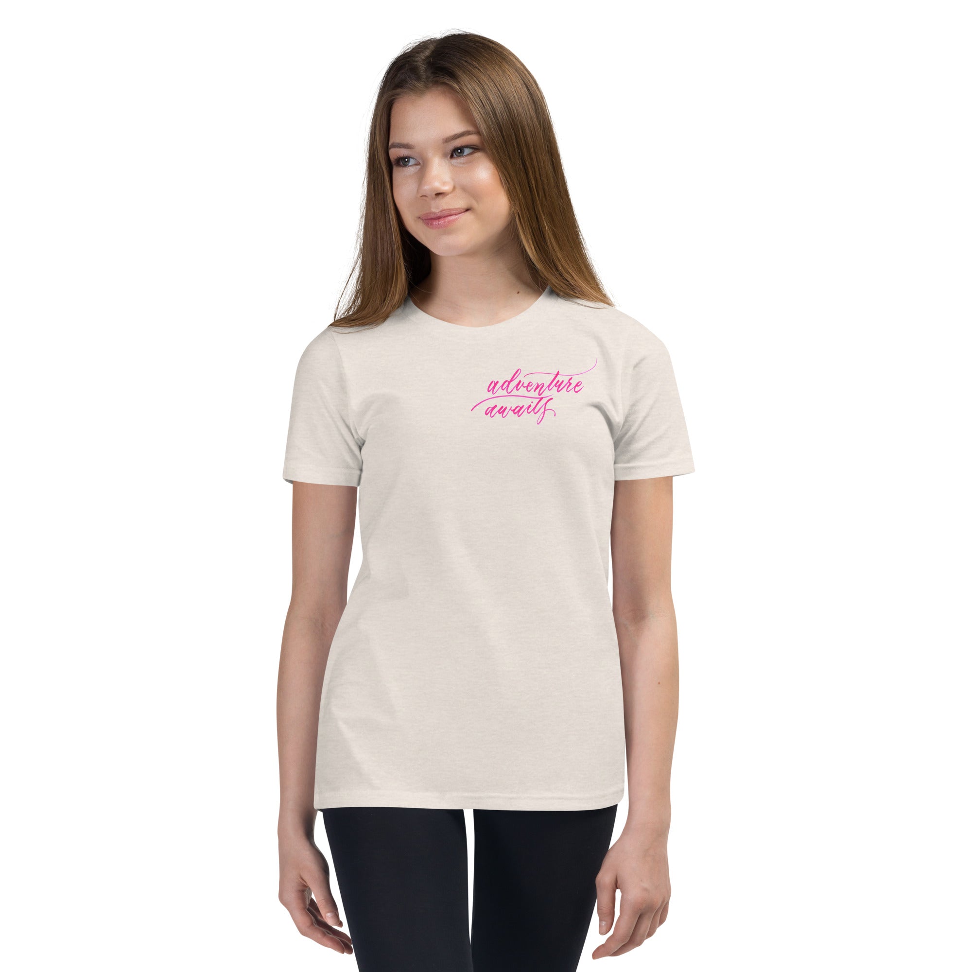 YOUTH SIZES - Script "Adventure Awaits" Pink Calligraphy Printed Kids Short Sleeve T-Shirt