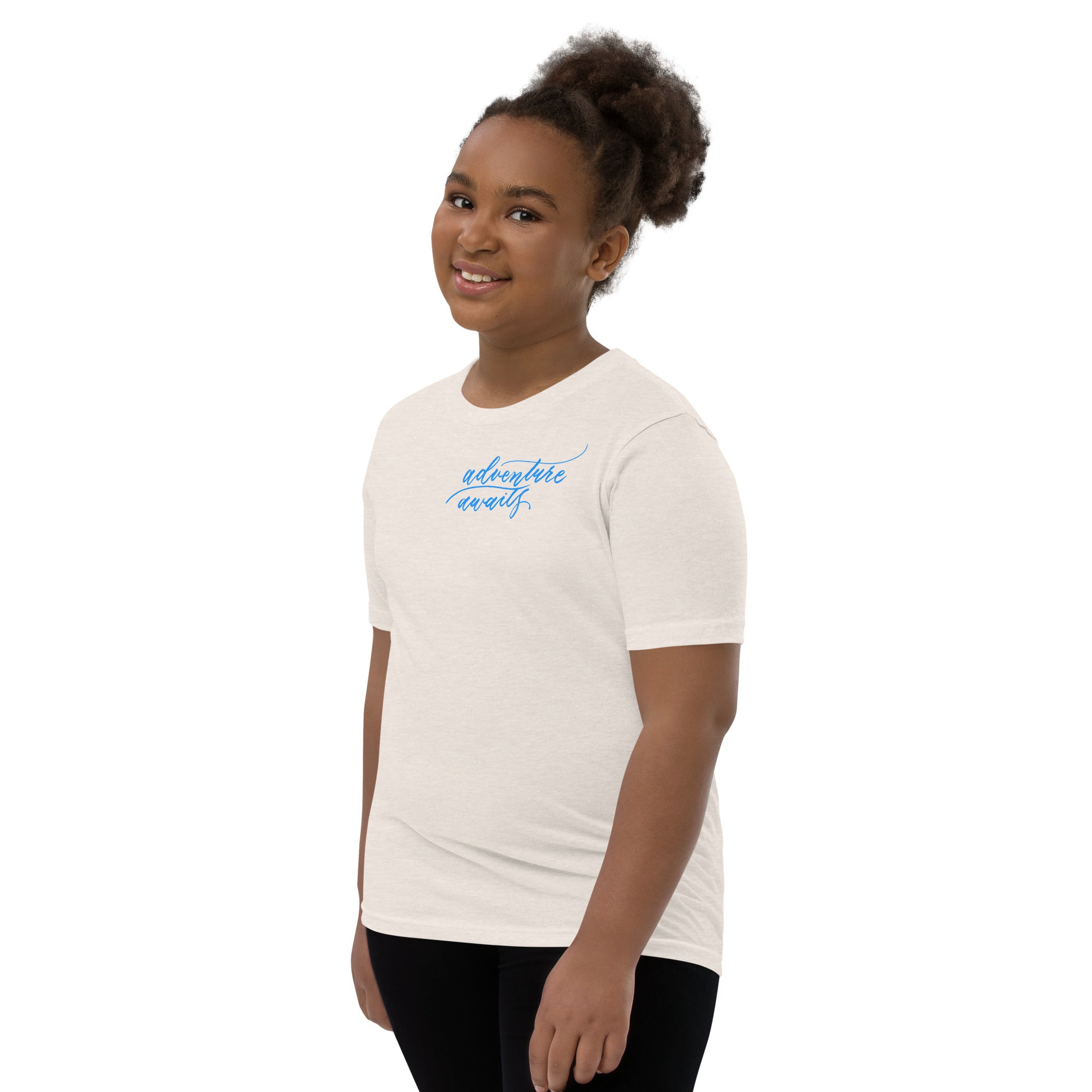 YOUTH SIZES - Script "Adventure Awaits" Bright Blue Calligraphy Printed Kids Short Sleeve T-Shirt