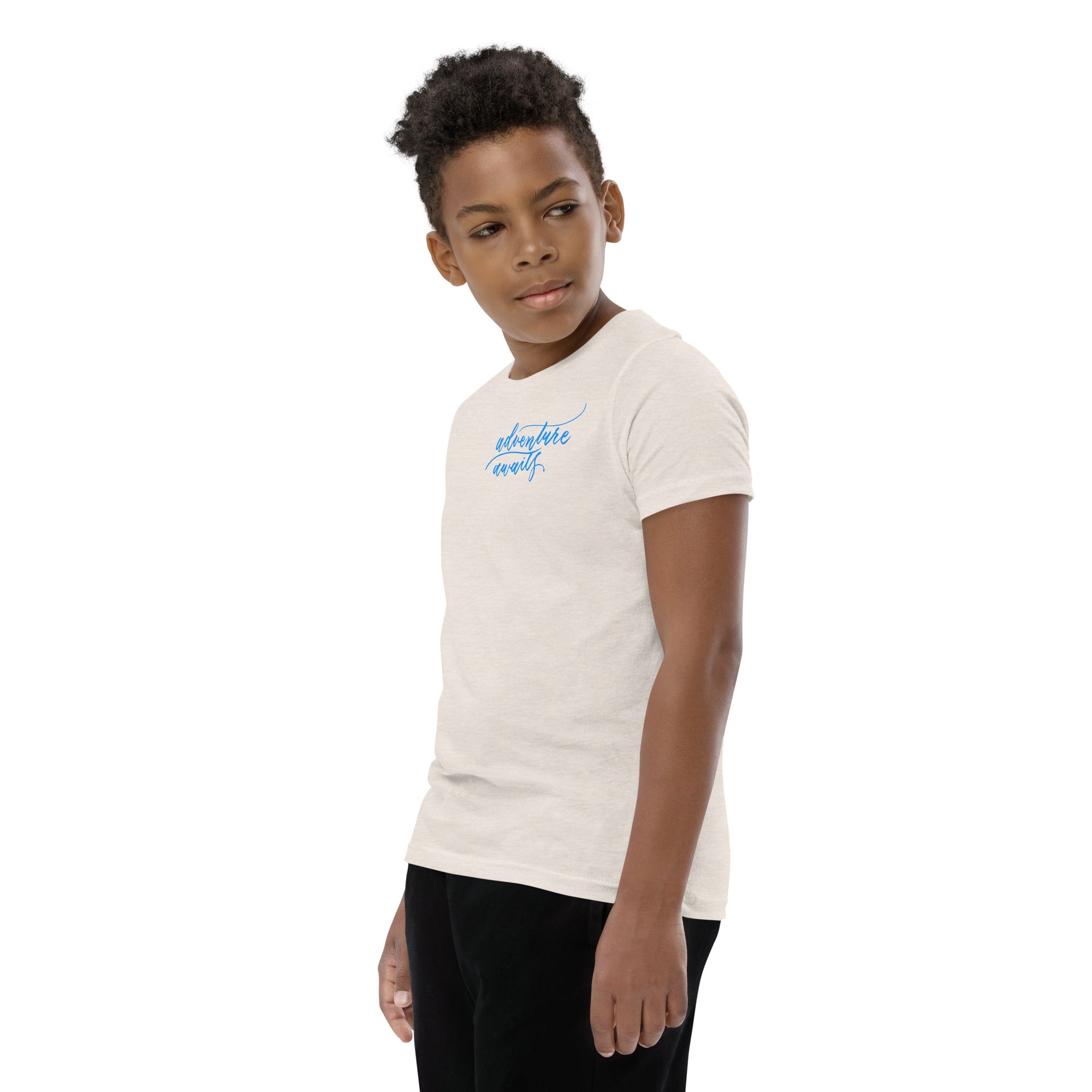 YOUTH SIZES - Script "Adventure Awaits" Bright Blue Calligraphy Printed Kids Short Sleeve T-Shirt