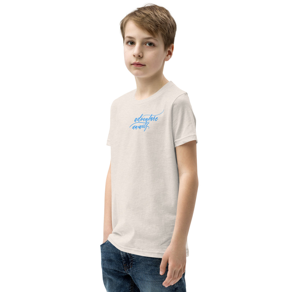YOUTH SIZES - Script "Adventure Awaits" Bright Blue Calligraphy Printed Kids Short Sleeve T-Shirt