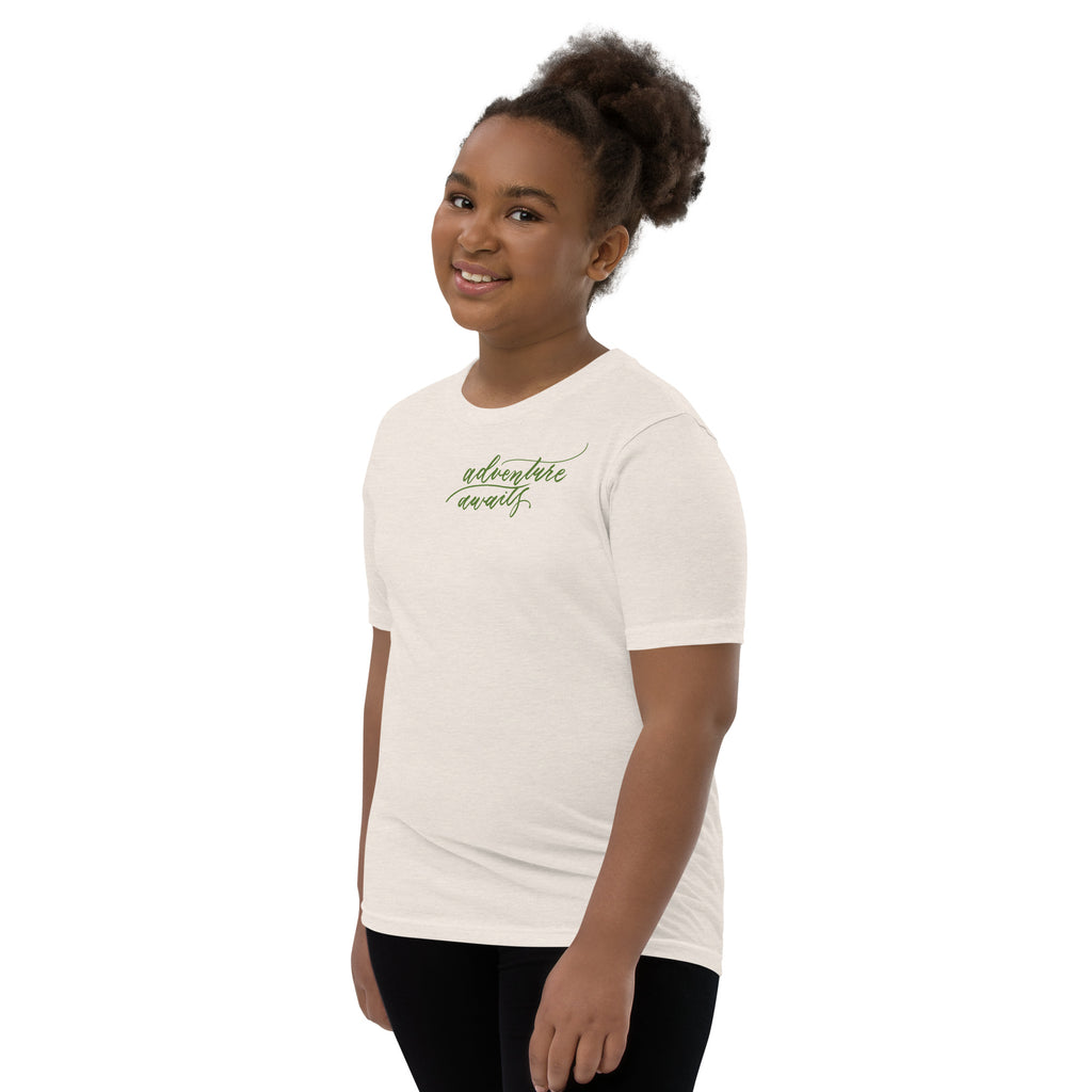 YOUTH SIZES - Script "Adventure Awaits" Green Calligraphy Printed Kids Short Sleeve T-Shirt
