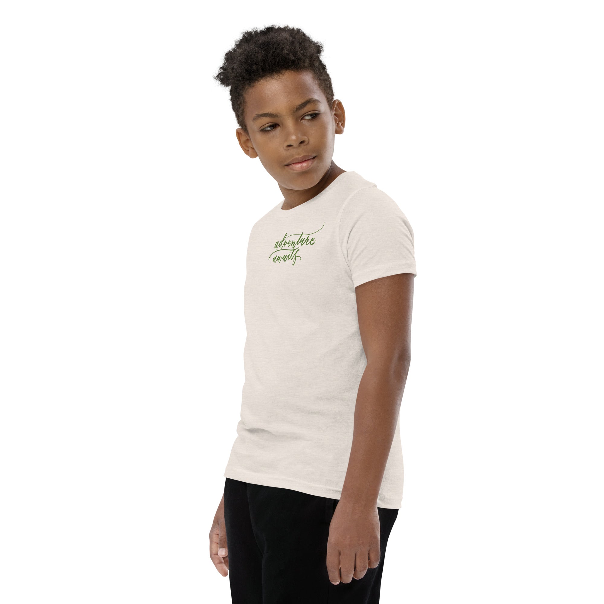 YOUTH SIZES - Script "Adventure Awaits" Green Calligraphy Printed Kids Short Sleeve T-Shirt