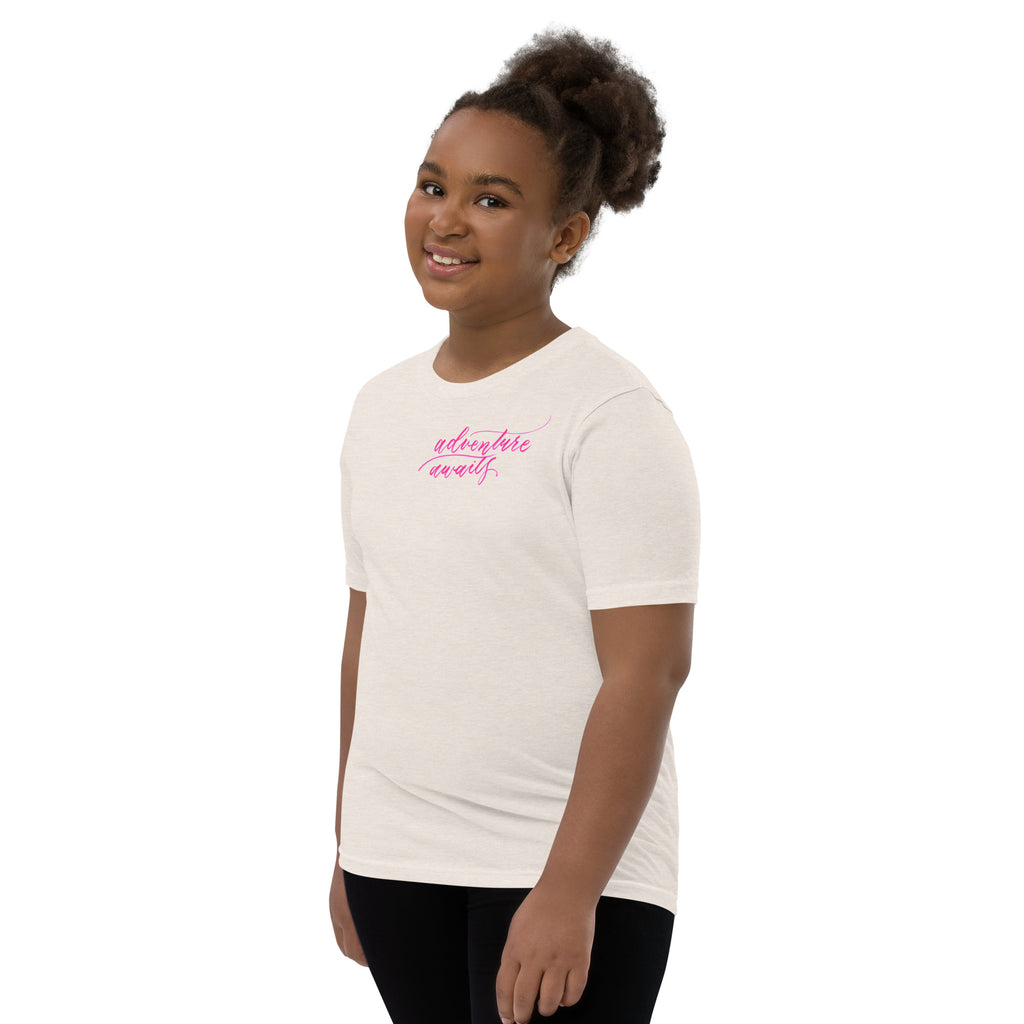 YOUTH SIZES - Script "Adventure Awaits" Pink Calligraphy Printed Kids Short Sleeve T-Shirt