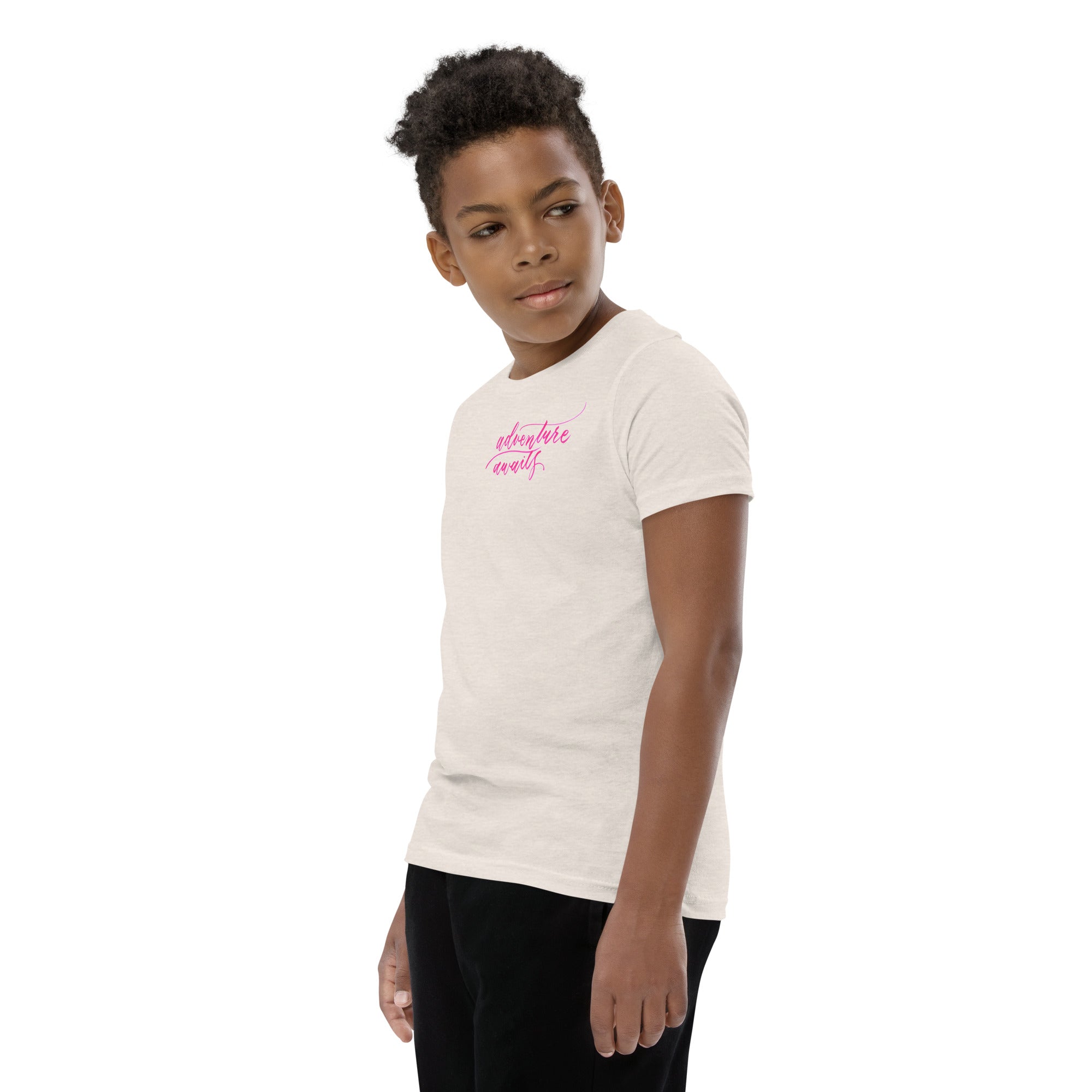 YOUTH SIZES - Script "Adventure Awaits" Pink Calligraphy Printed Kids Short Sleeve T-Shirt