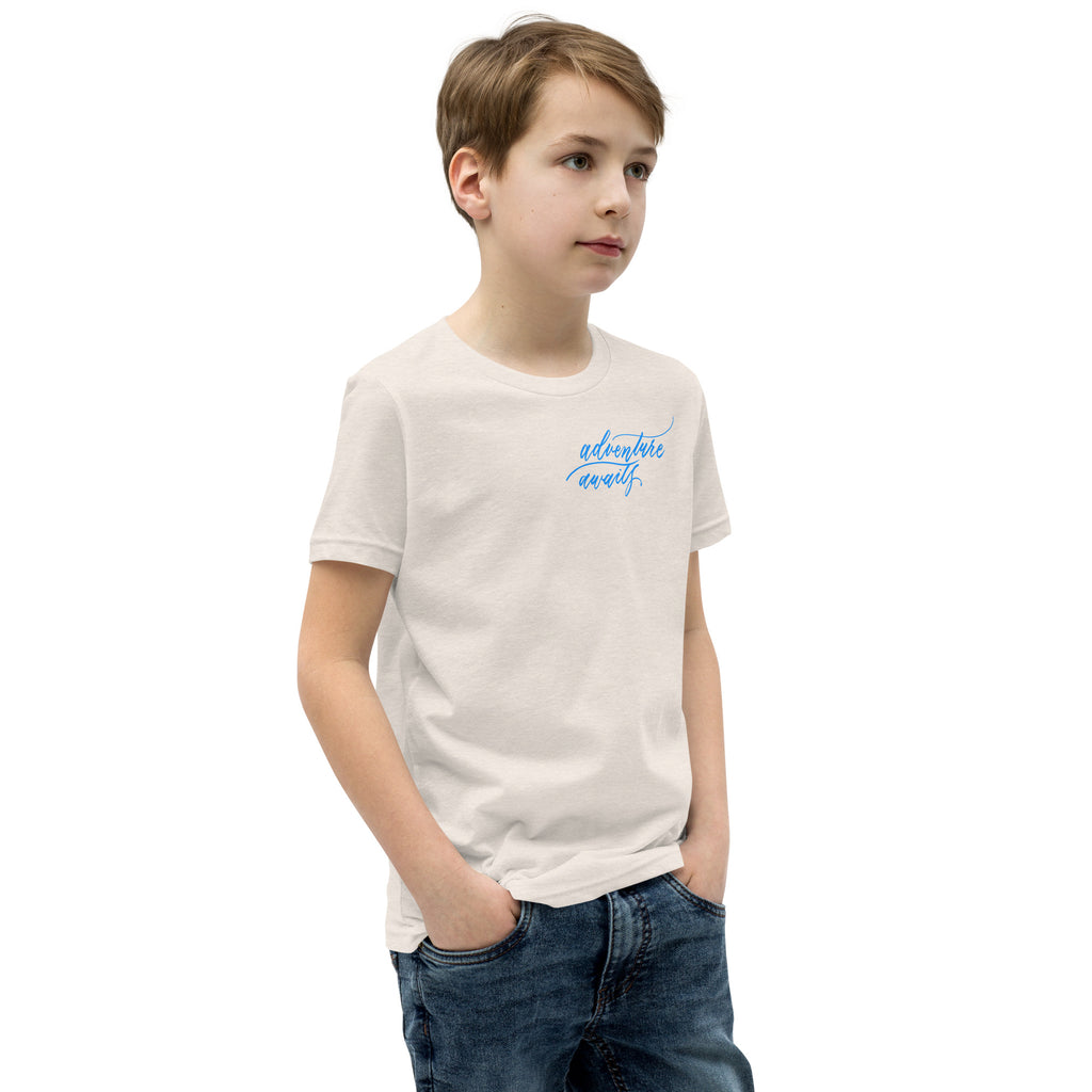 YOUTH SIZES - Script "Adventure Awaits" Bright Blue Calligraphy Printed Kids Short Sleeve T-Shirt