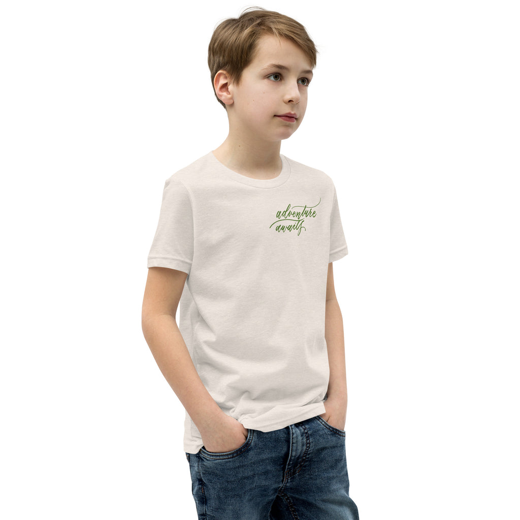YOUTH SIZES - Script "Adventure Awaits" Green Calligraphy Printed Kids Short Sleeve T-Shirt