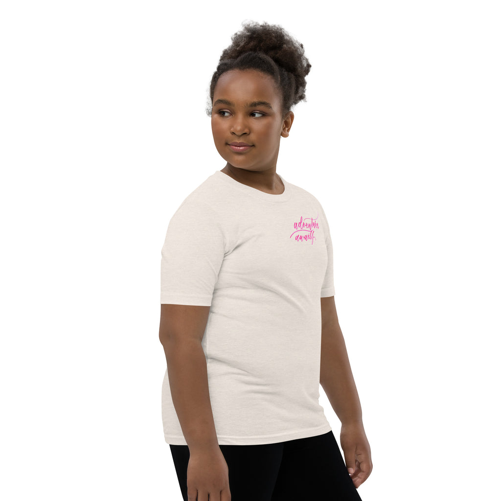YOUTH SIZES - Script "Adventure Awaits" Pink Calligraphy Printed Kids Short Sleeve T-Shirt