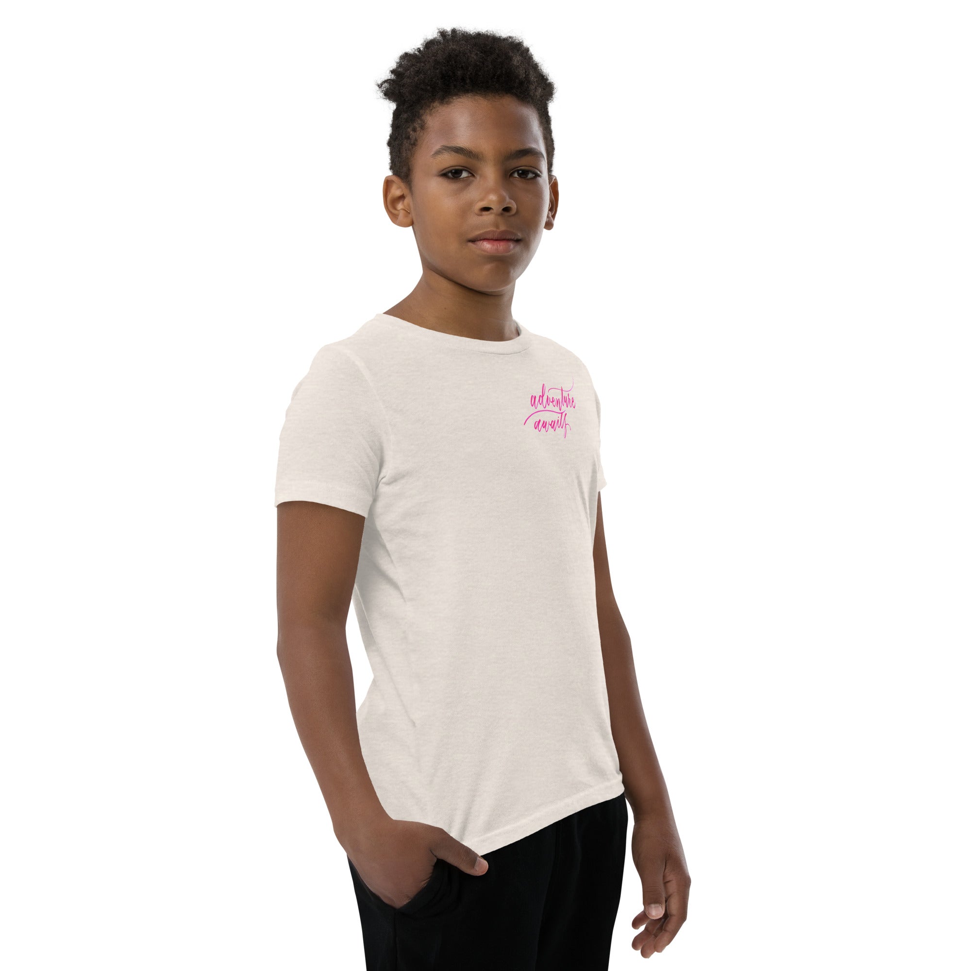 YOUTH SIZES - Script "Adventure Awaits" Pink Calligraphy Printed Kids Short Sleeve T-Shirt