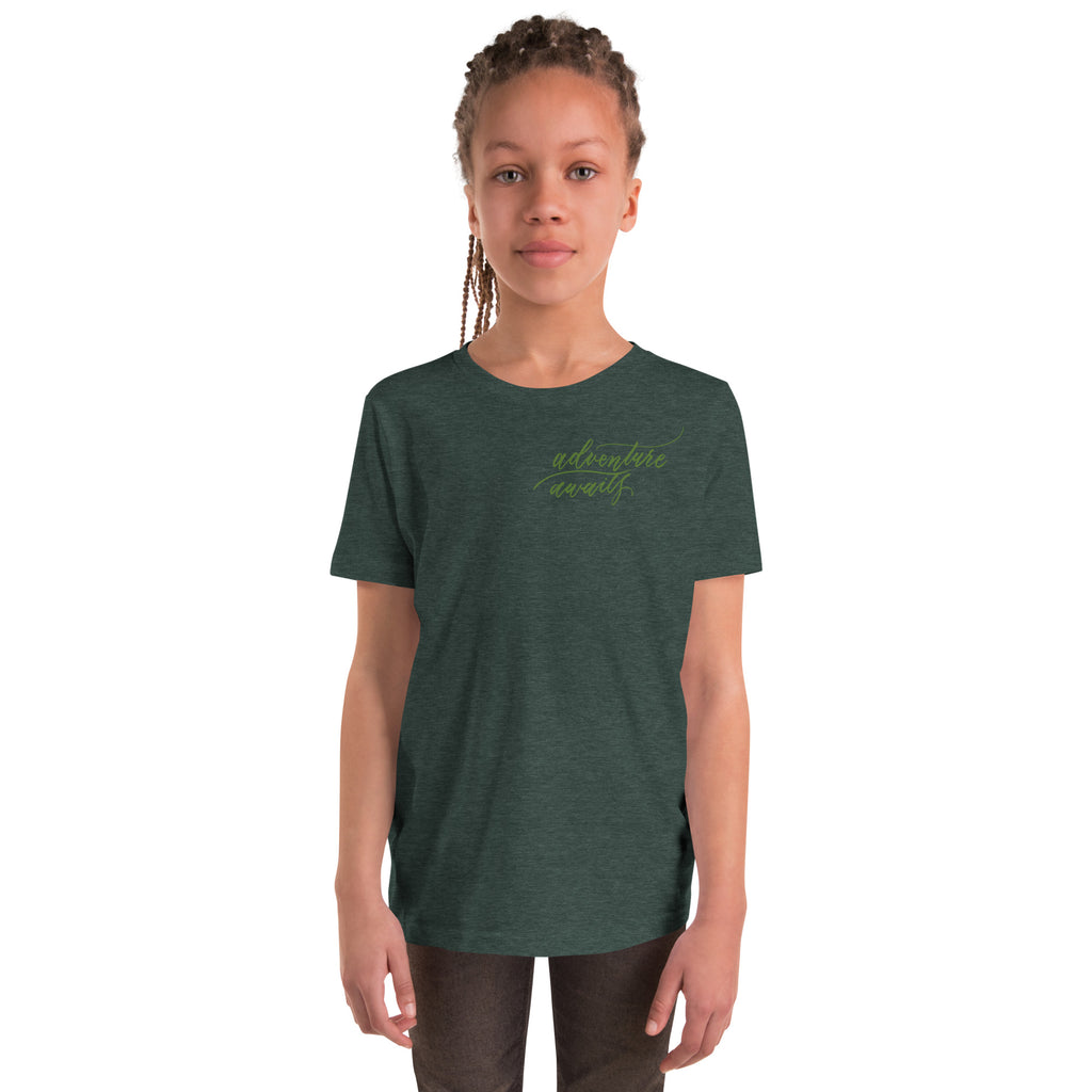 YOUTH SIZES - Script "Adventure Awaits" Green Calligraphy Printed Kids Short Sleeve T-Shirt