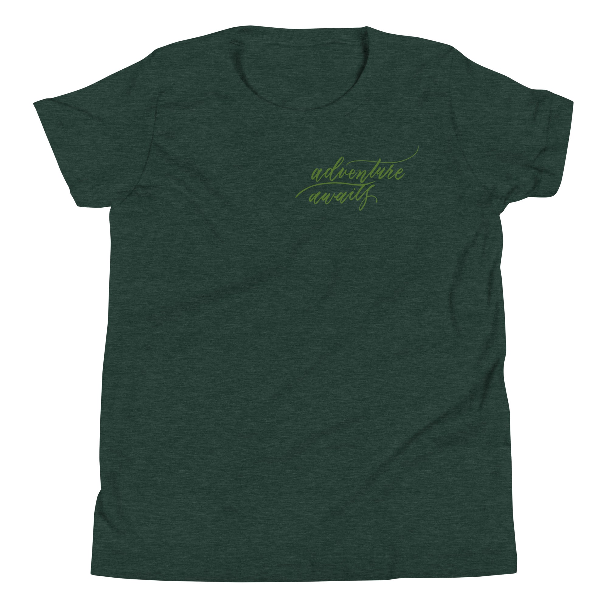 YOUTH SIZES - Script "Adventure Awaits" Green Calligraphy Printed Kids Short Sleeve T-Shirt